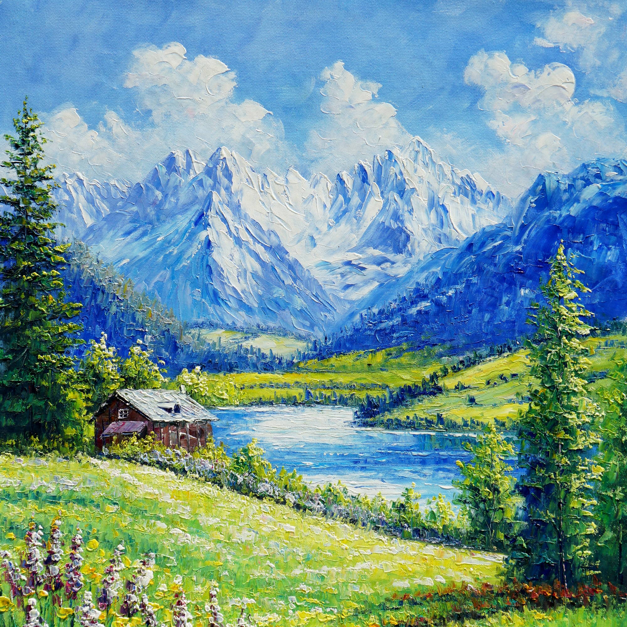 Dipinto Lago di montagna con baita Dolomiti 60x80cm