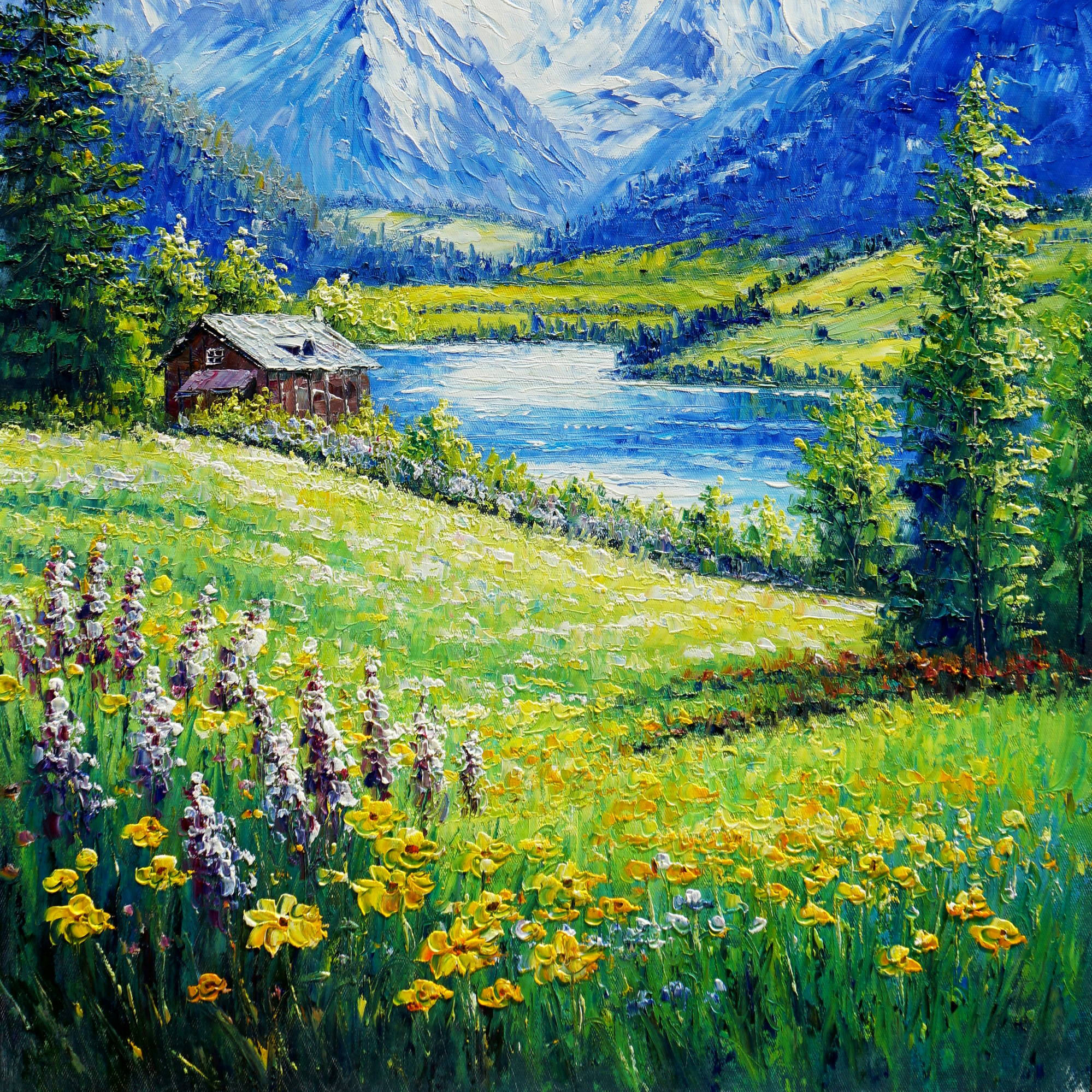 Dipinto Lago di montagna con baita Dolomiti 60x80cm