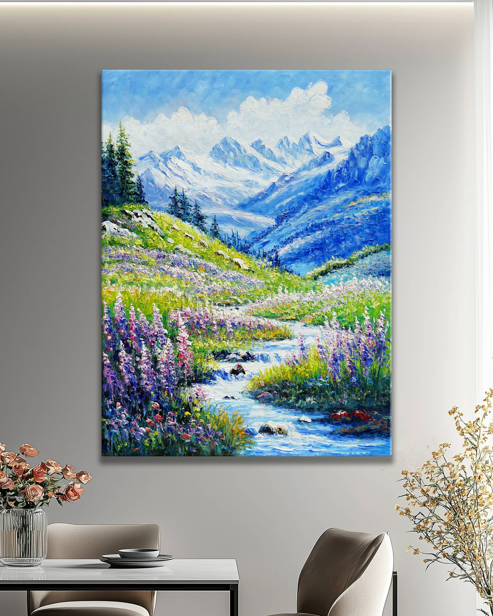 Dipinto Torrente di montagna e fiori selvatici Dolomiti 60x80cm