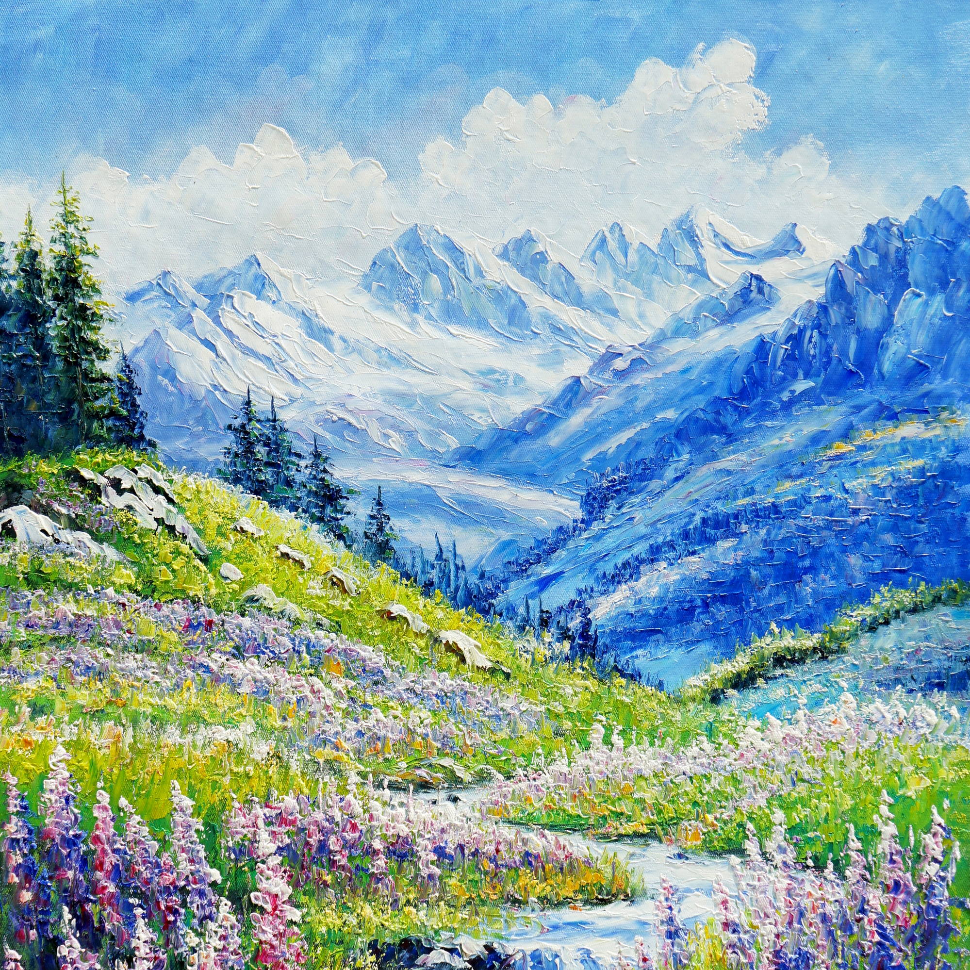 Dipinto Torrente di montagna e fiori selvatici Dolomiti 60x80cm