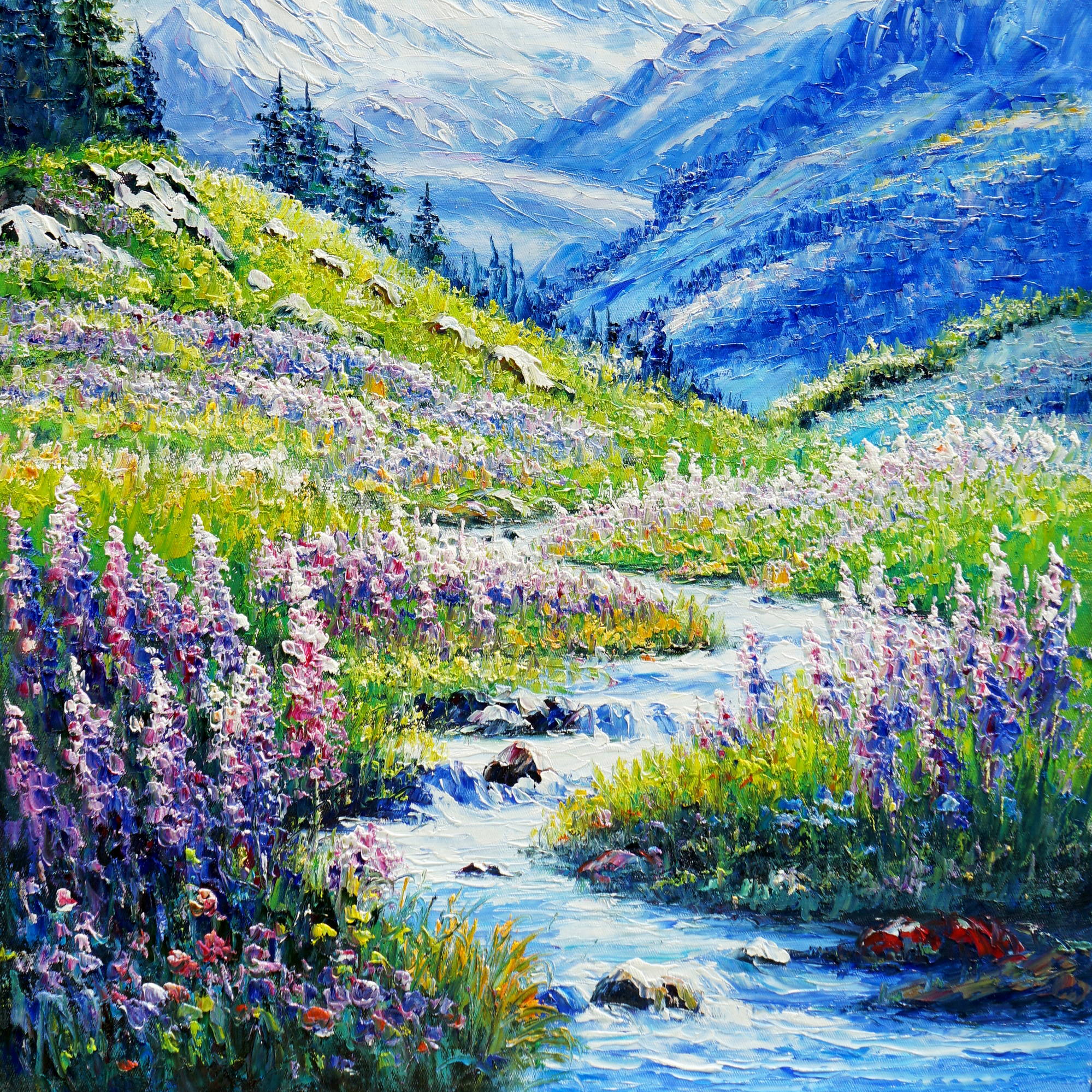 Dipinto Torrente di montagna e fiori selvatici Dolomiti 60x80cm