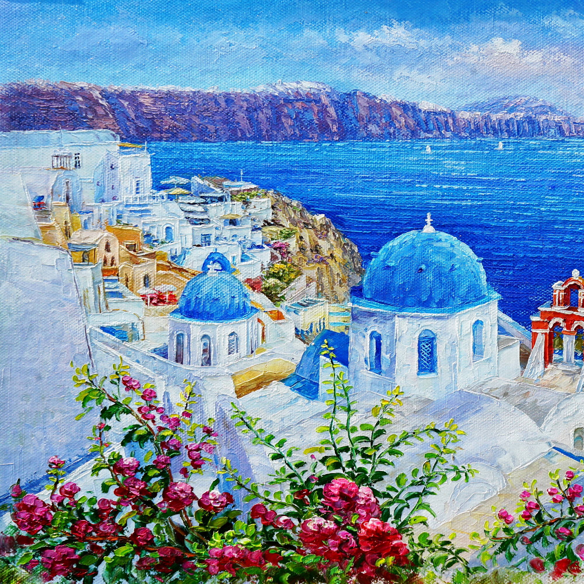 Dipinto a mano Case bianche di Santorini Grecia 60x90cm