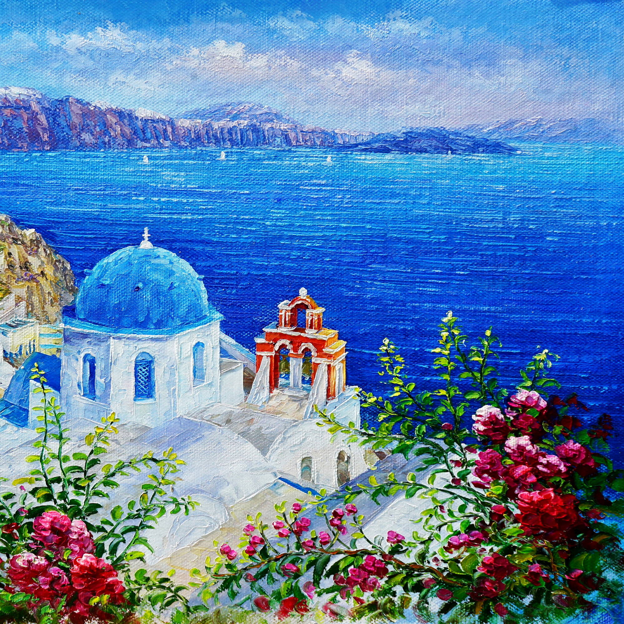 Dipinto a mano Case bianche di Santorini Grecia 60x90cm