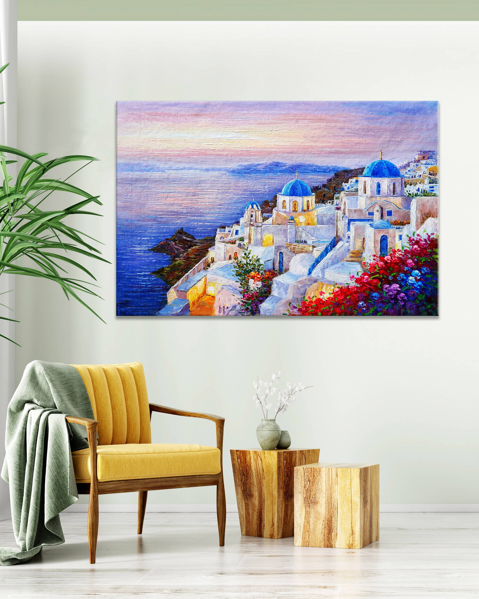 Dipinto a mano Case bianche di Santorini Grecia 60x90cm