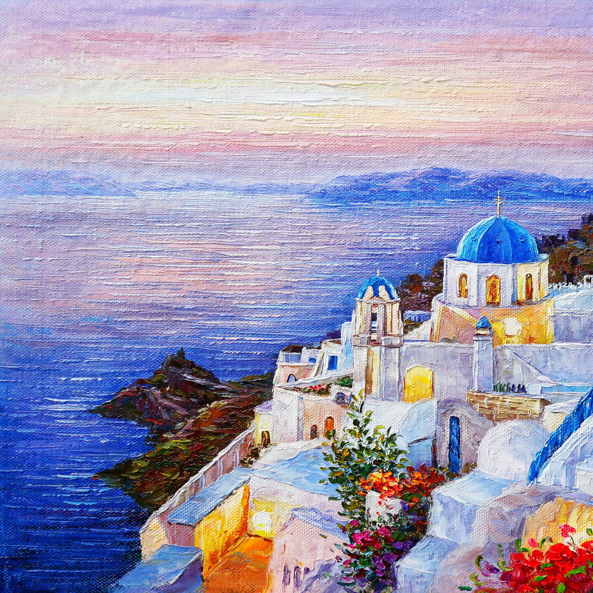 Dipinto a mano Case bianche di Santorini Grecia 60x90cm