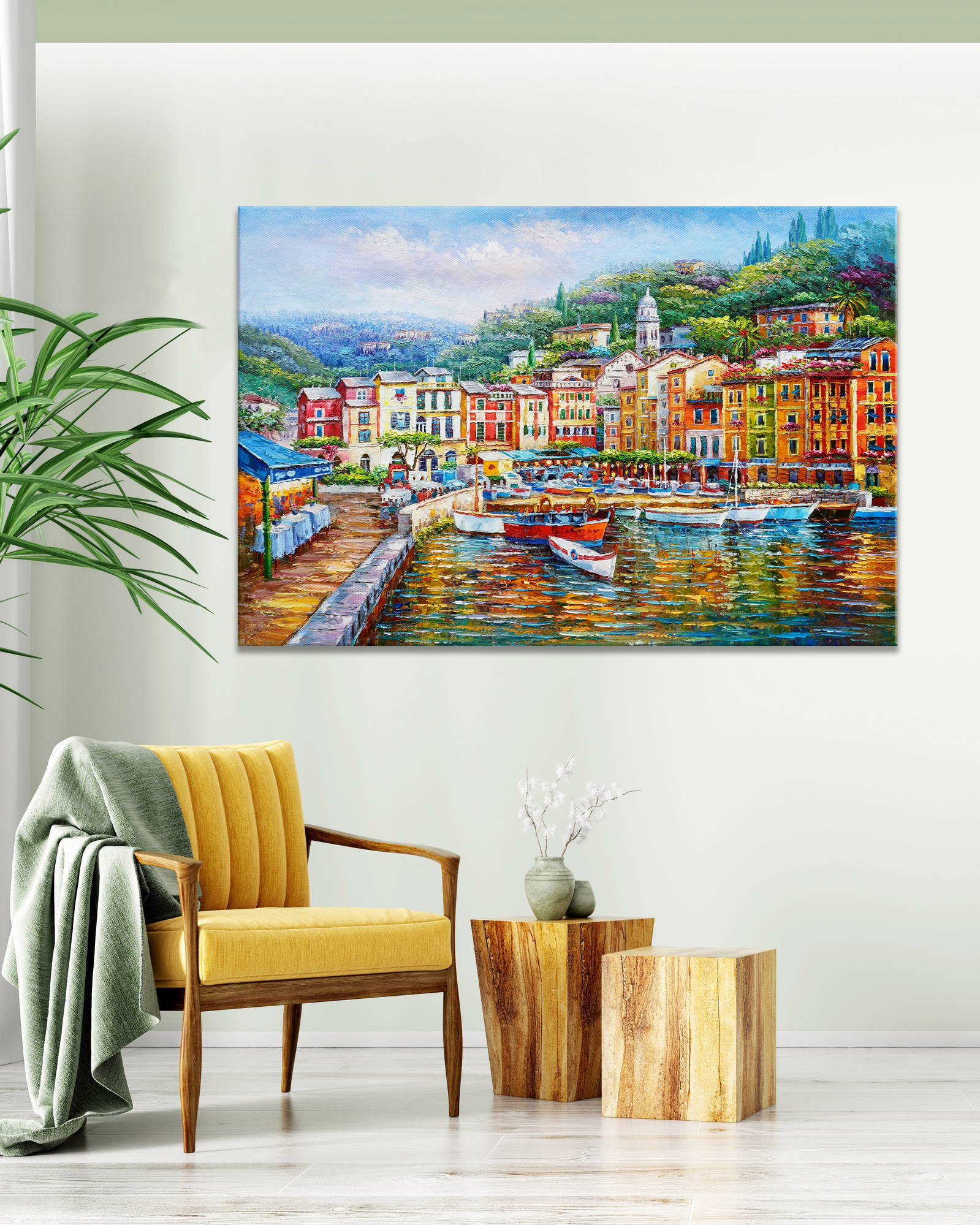 Dipinto a mano Pittoresco borgo di Portofino 60x90cm