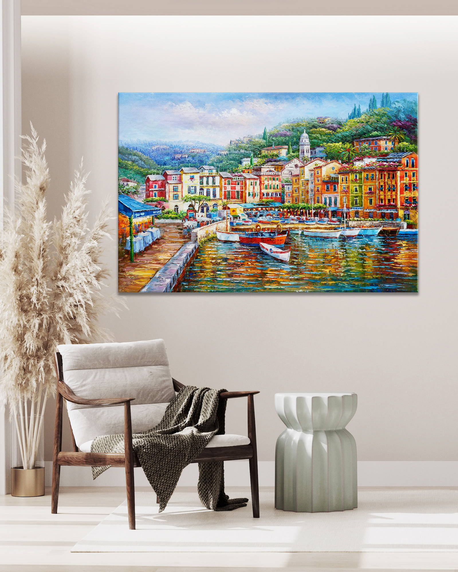 Dipinto a mano Pittoresco borgo di Portofino 60x90cm