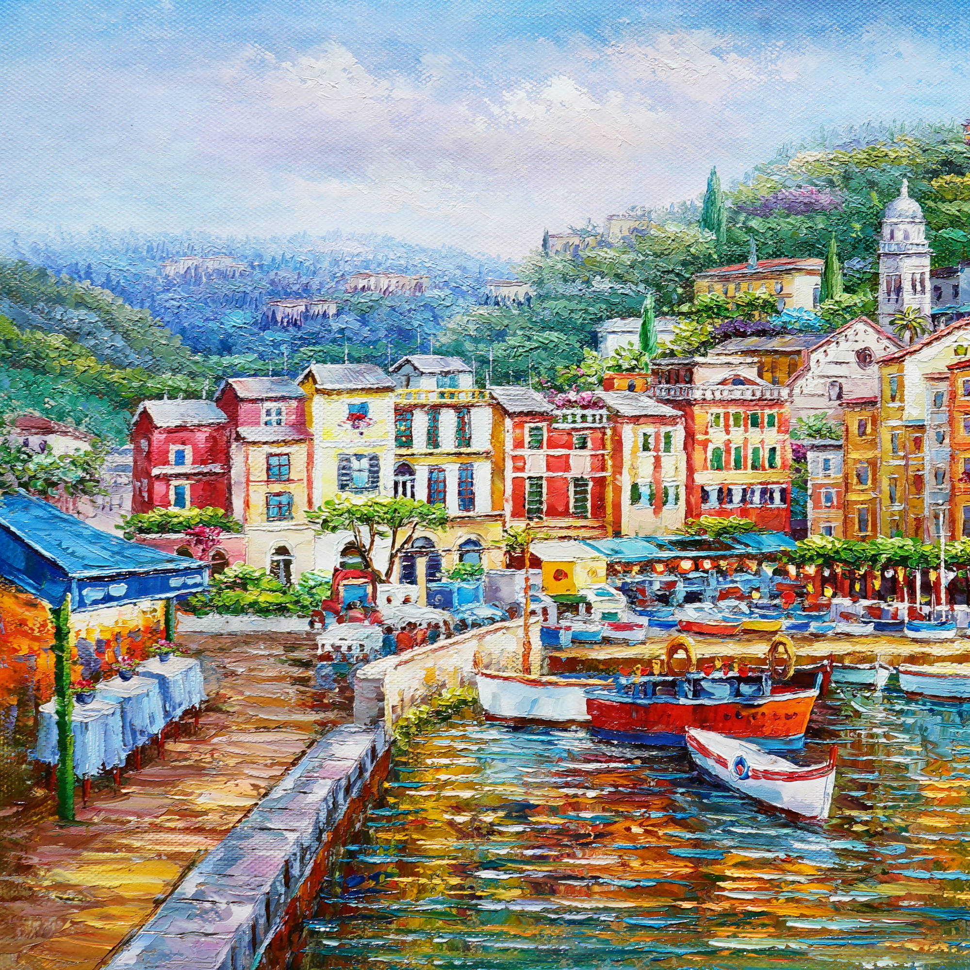 Dipinto a mano Pittoresco borgo di Portofino 60x90cm