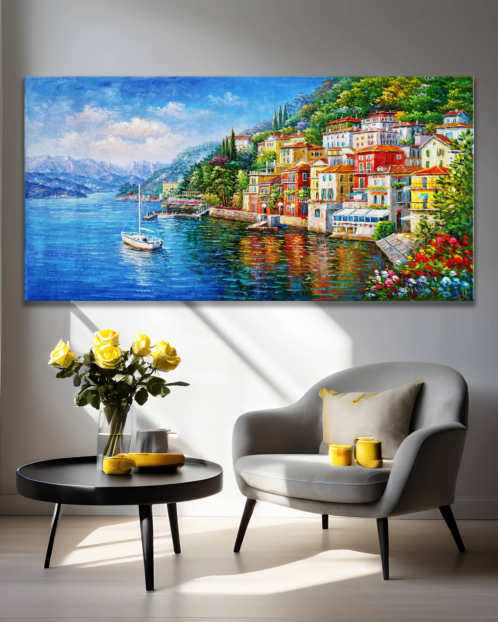 Dipinto a mano Varenna sul Lago di Como 60x120cm