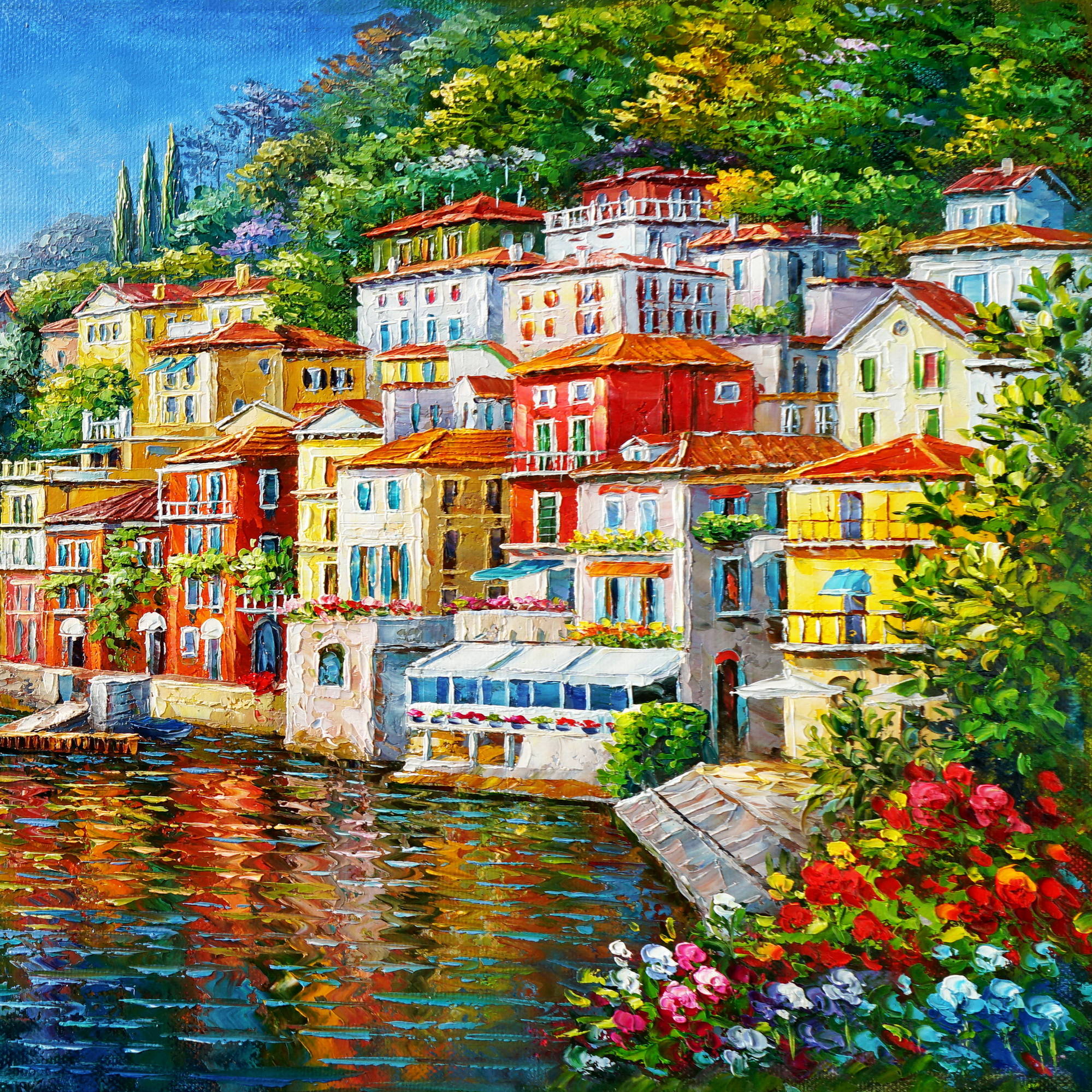 Dipinto a mano Varenna sul Lago di Como 60x120cm