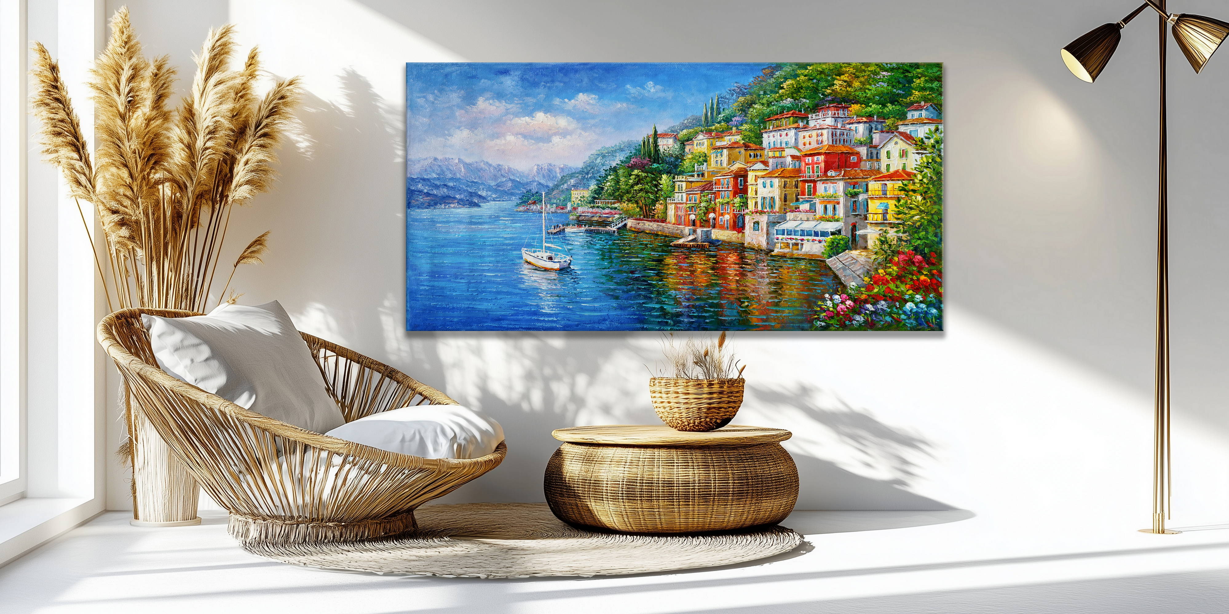 Dipinto a mano Varenna sul Lago di Como 60x120cm