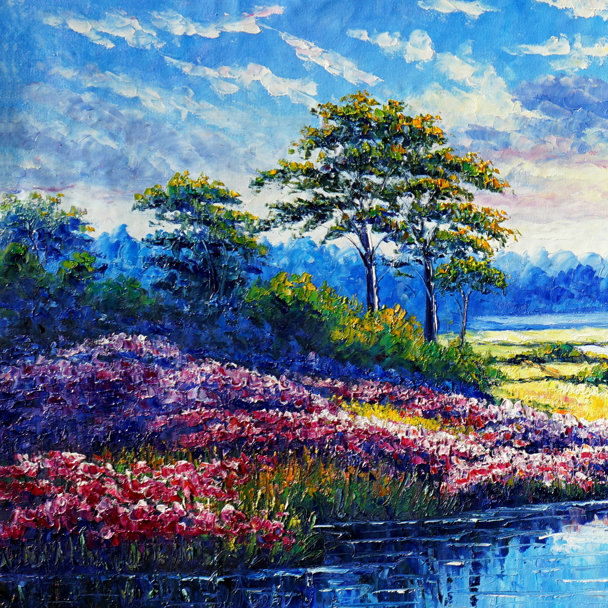 Dipinto Campi in fiore sulle rive del fiume 60x150cm