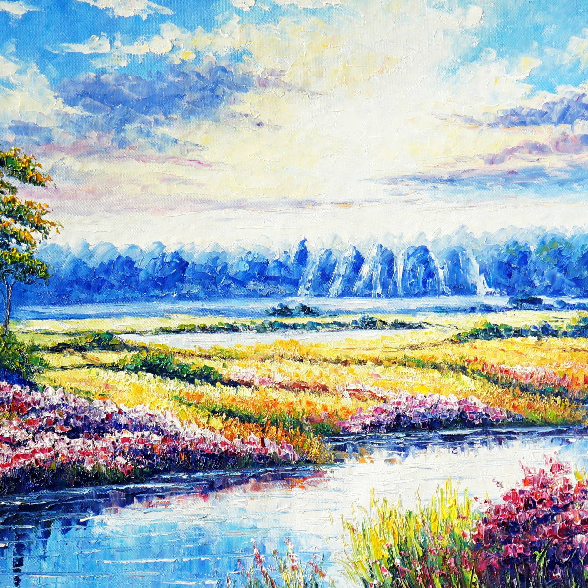 Dipinto Campi in fiore sulle rive del fiume 60x150cm