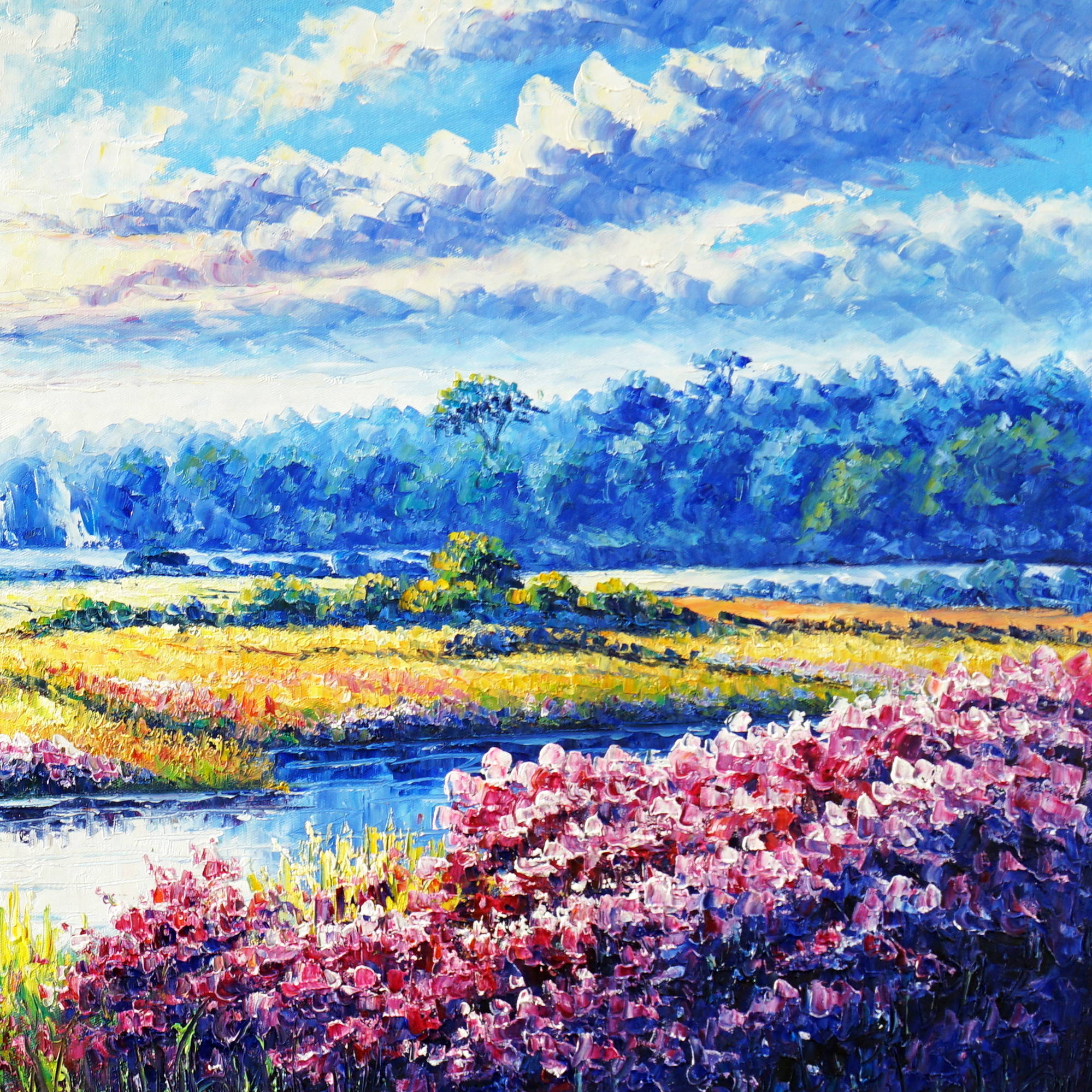 Dipinto Campi in fiore sulle rive del fiume 60x150cm