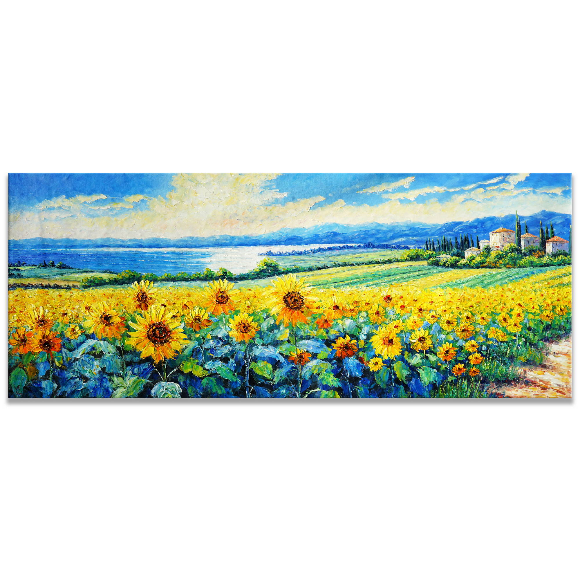 Dipinto a mano olio su tela Campi di girasoli tra le colline