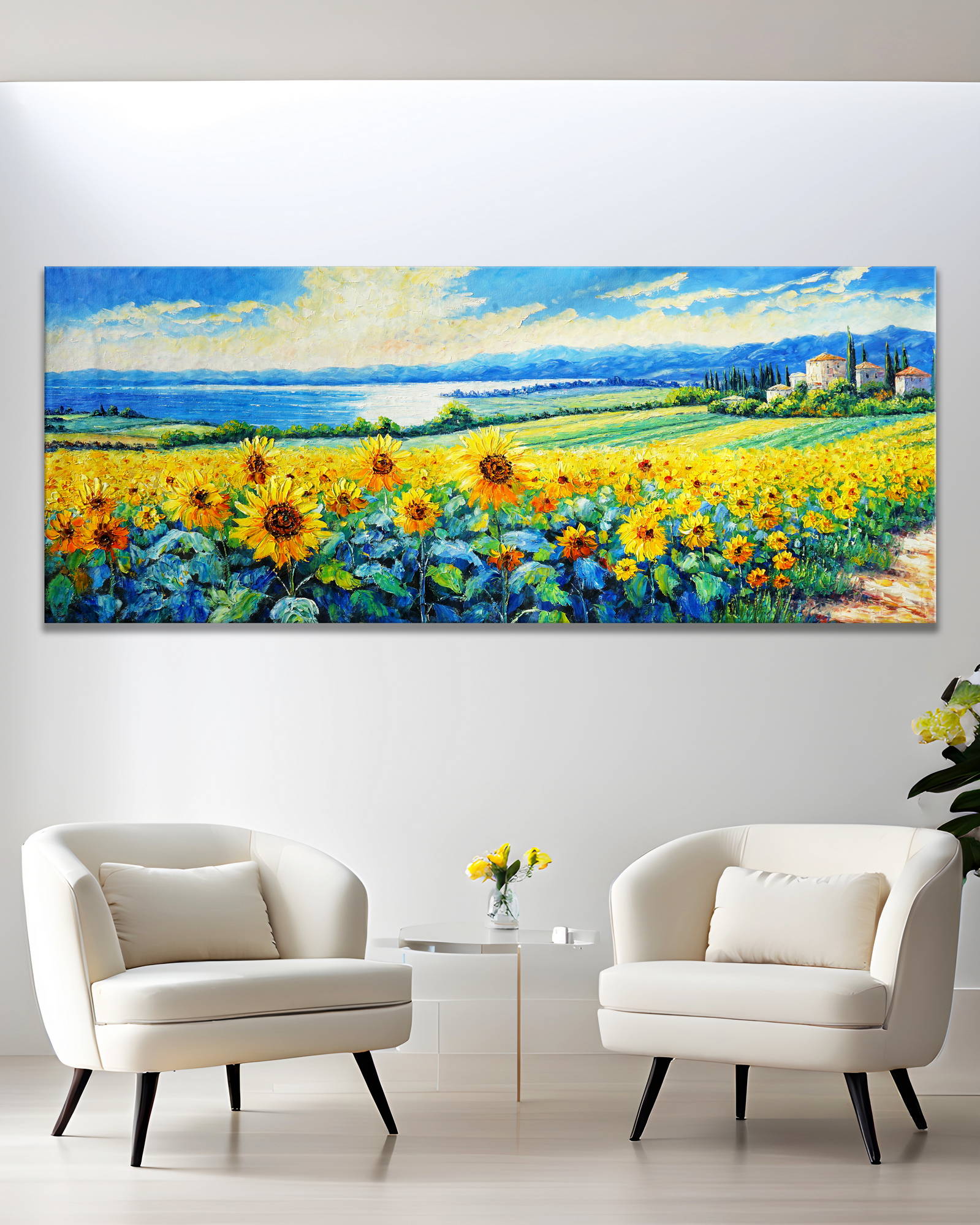 Dipinto Campi di girasoli sulle colline 60x150cm