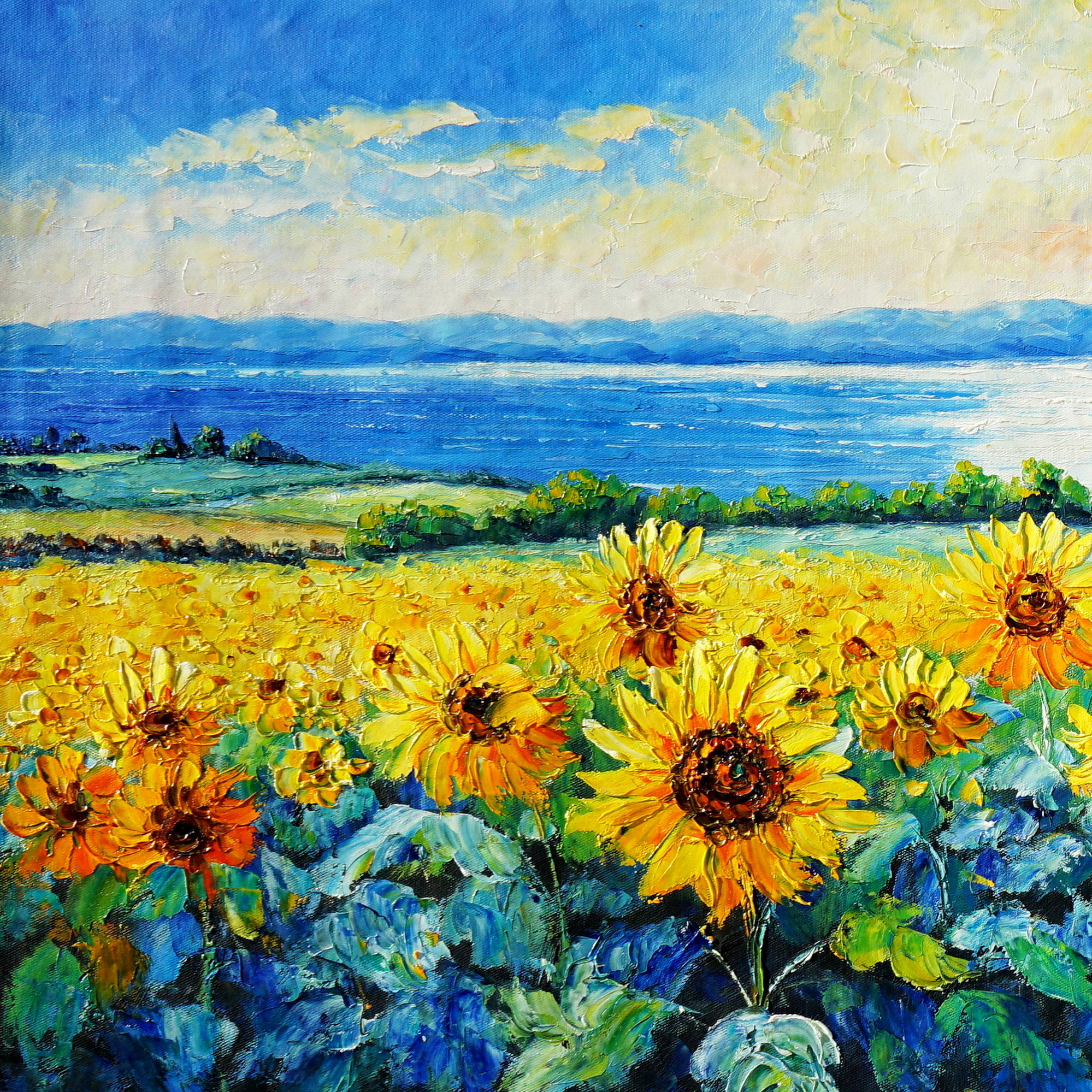 Dipinto Campi di girasoli sulle colline 60x150cm