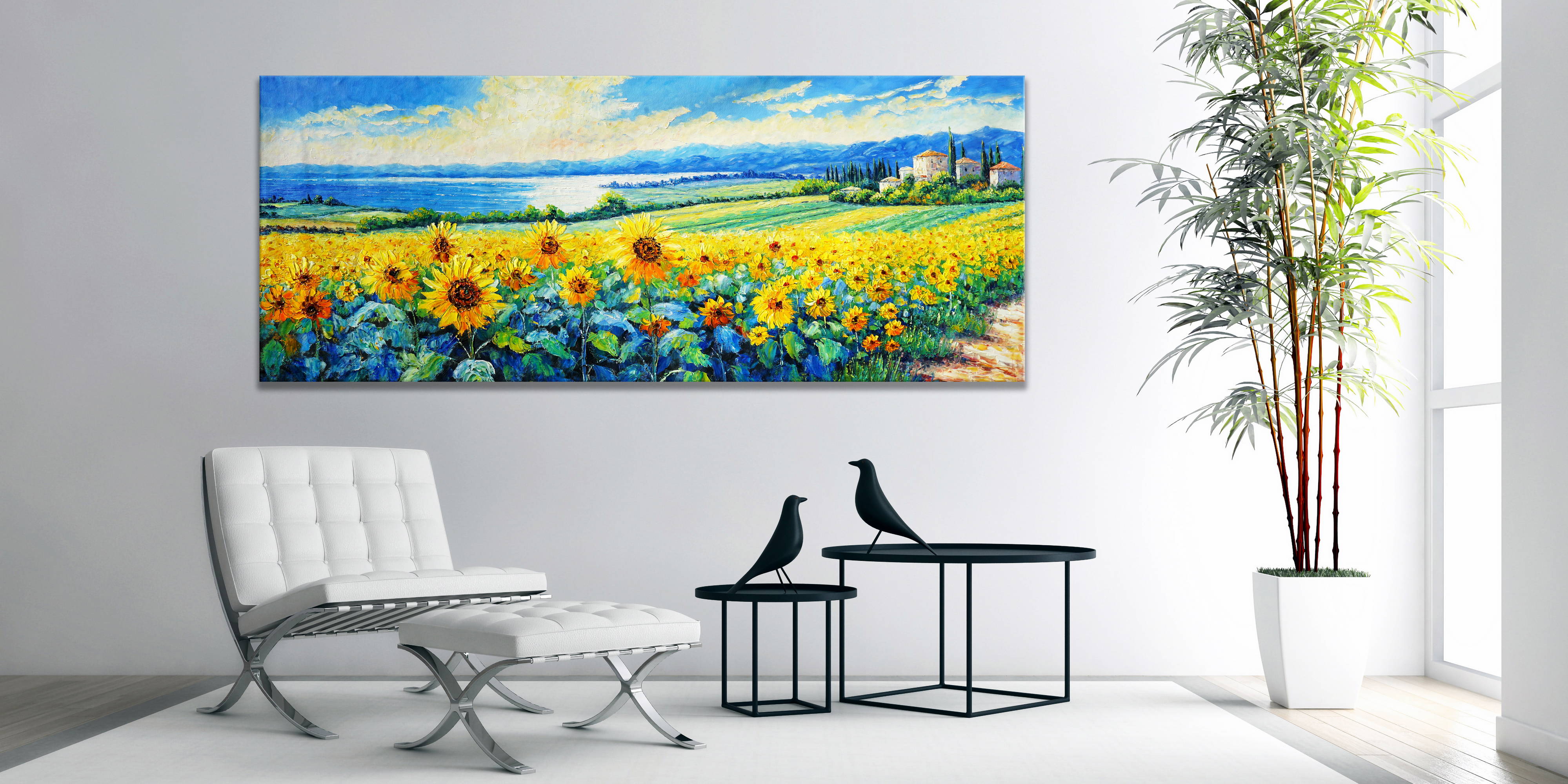 Dipinto Campi di girasoli sulle colline 60x150cm