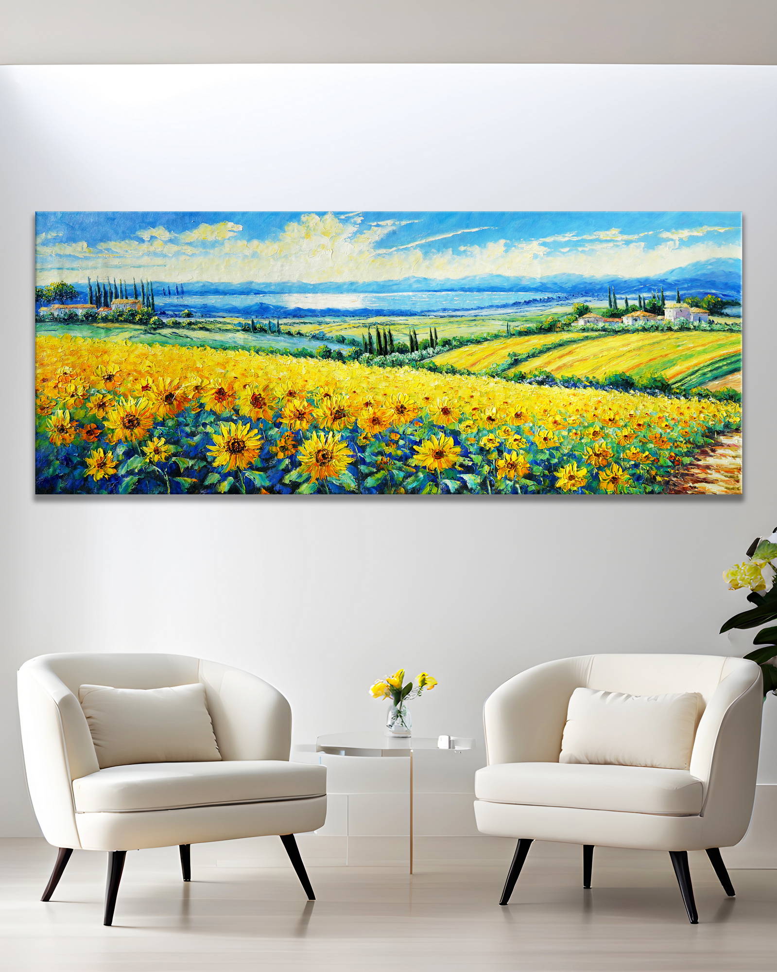 Dipinto Campi di girasoli sulle colline toscane 60x150cm