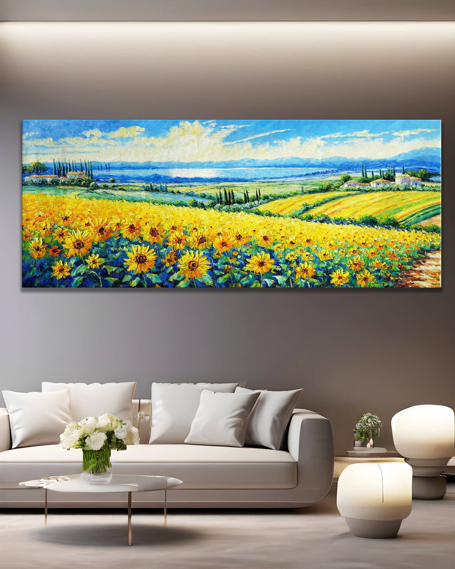 Dipinto Campi di girasoli sulle colline toscane 60x150cm