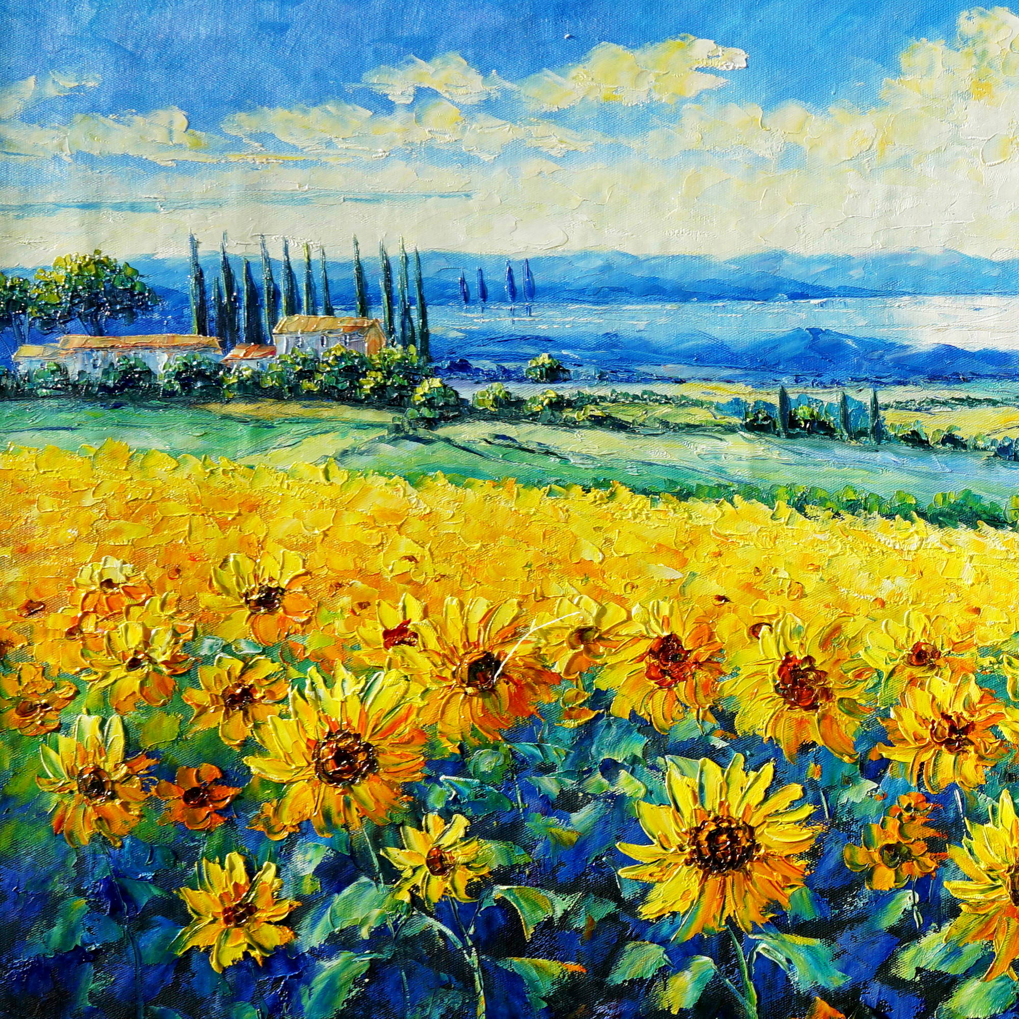 Dipinto Campi di girasoli sulle colline toscane 60x150cm