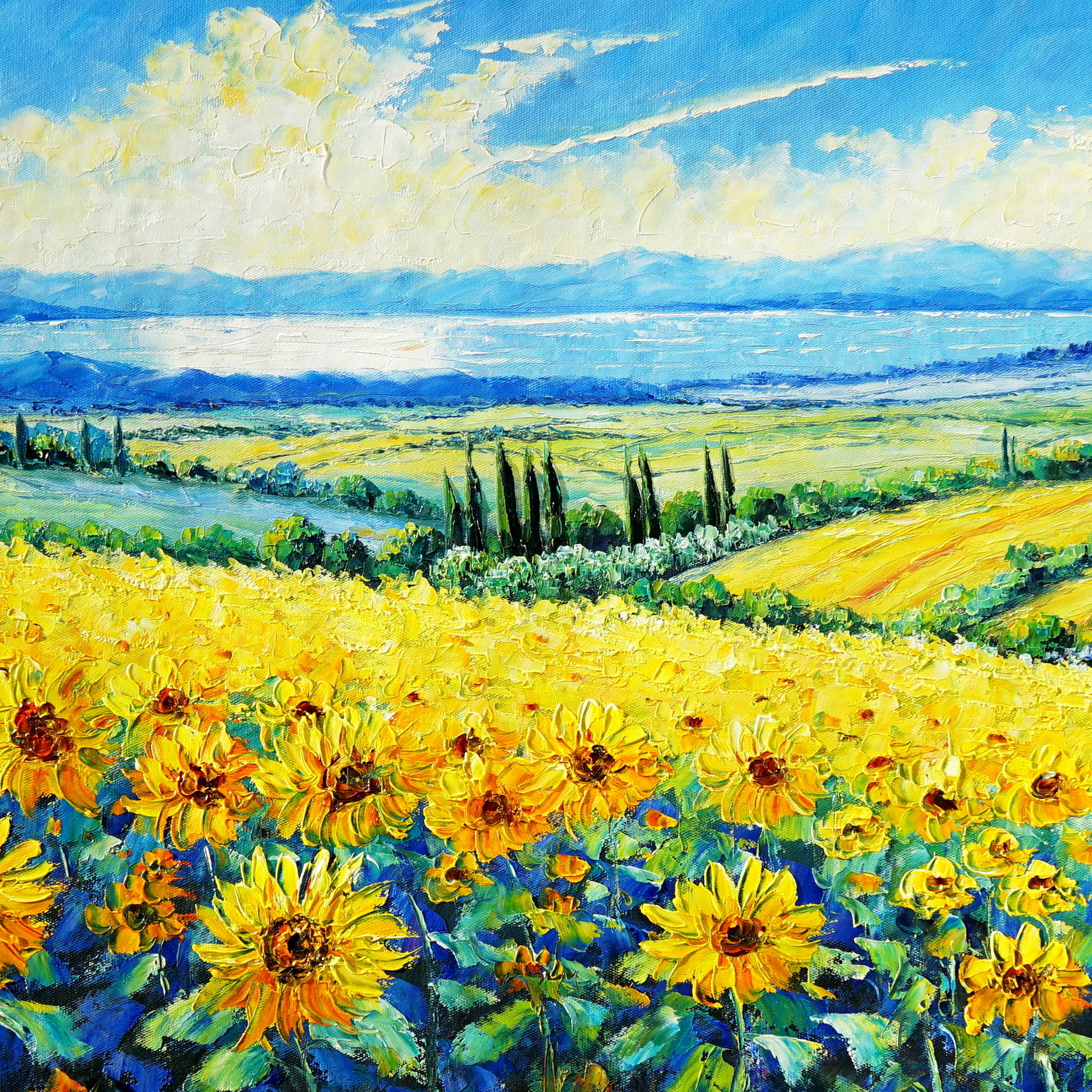 Dipinto Campi di girasoli sulle colline toscane 60x150cm