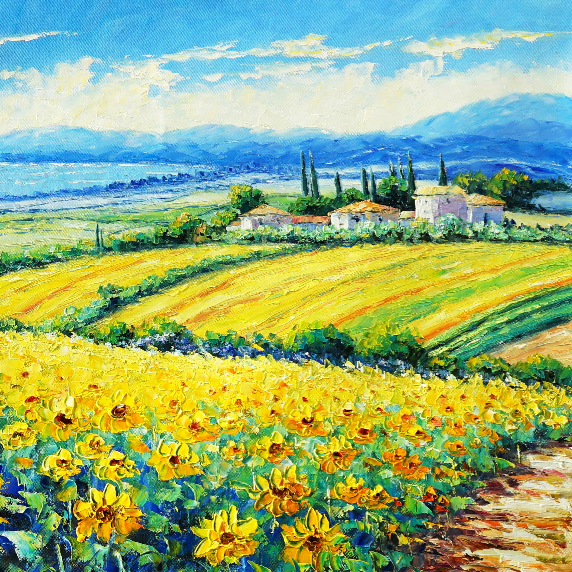 Dipinto Campi di girasoli sulle colline toscane 60x150cm