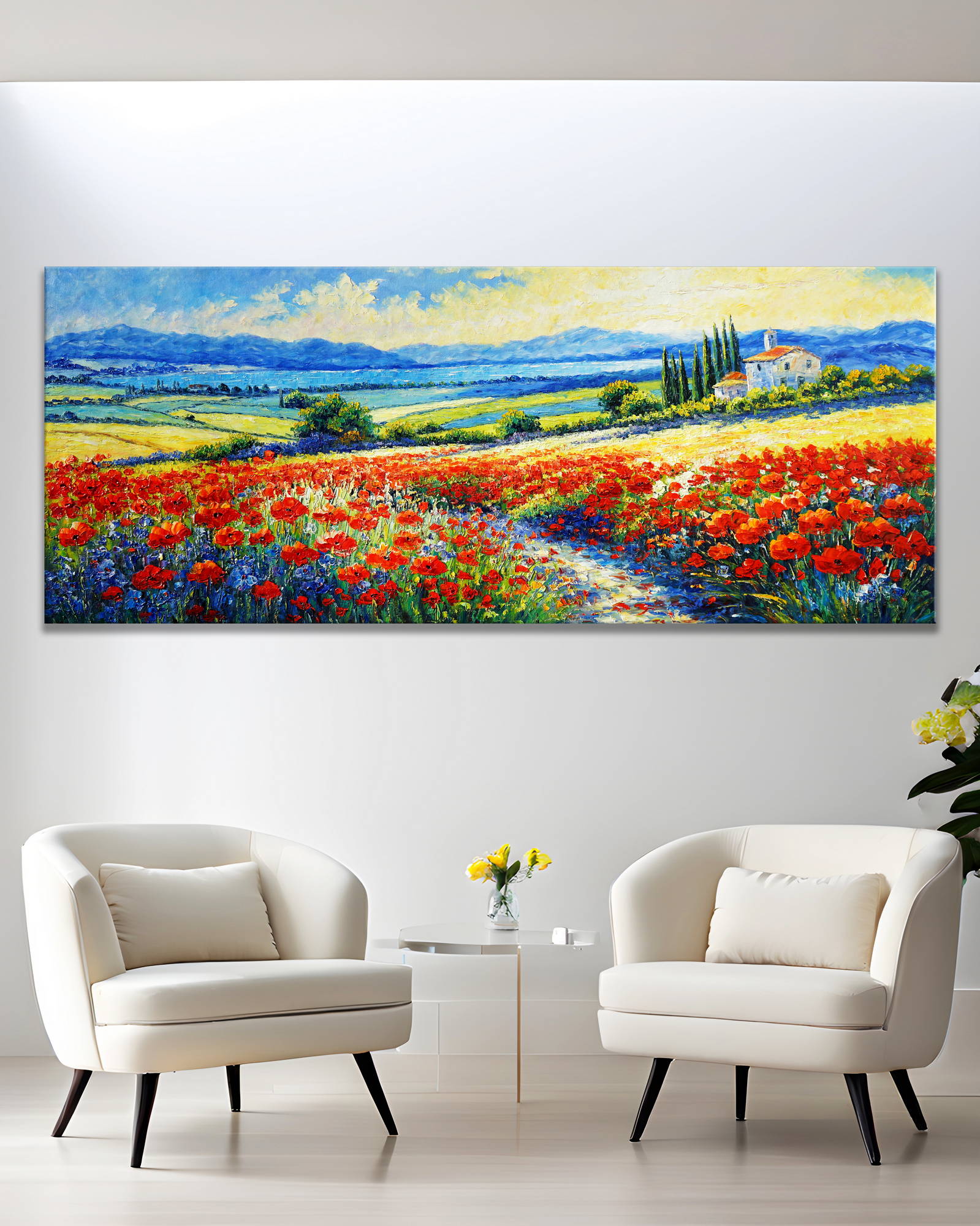 Dipinto Campi di papaveri sulle colline toscane 60x150cm