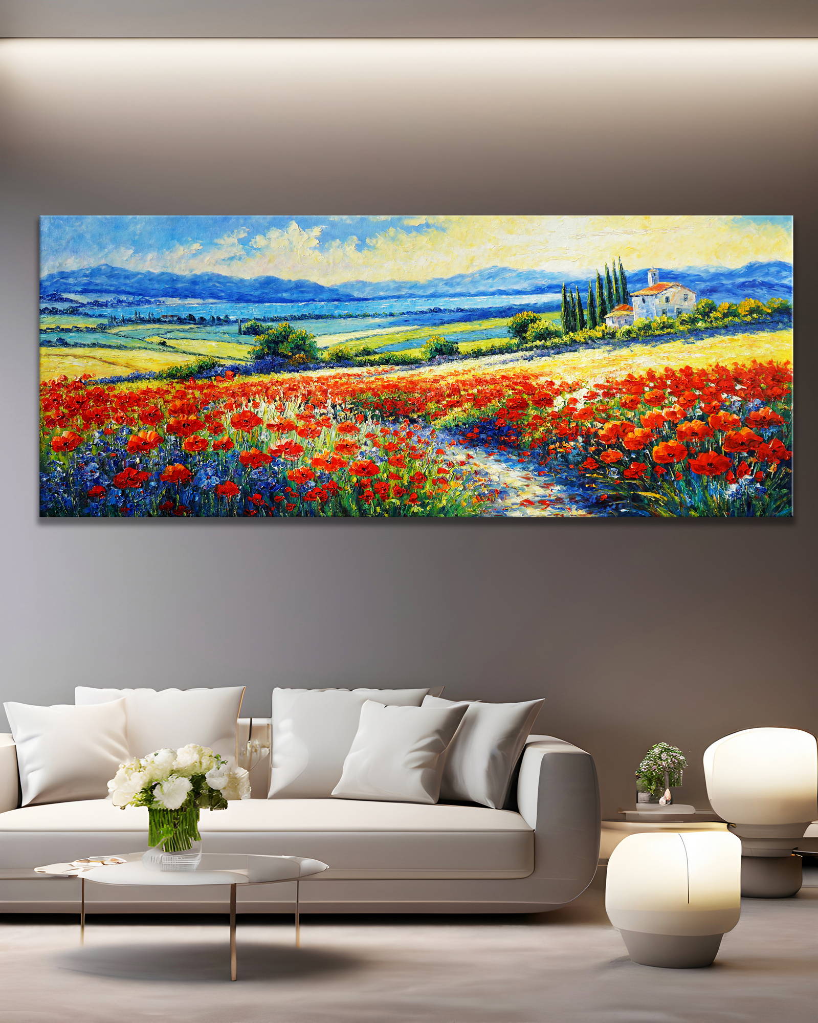 Dipinto Campi di papaveri sulle colline toscane 60x150cm