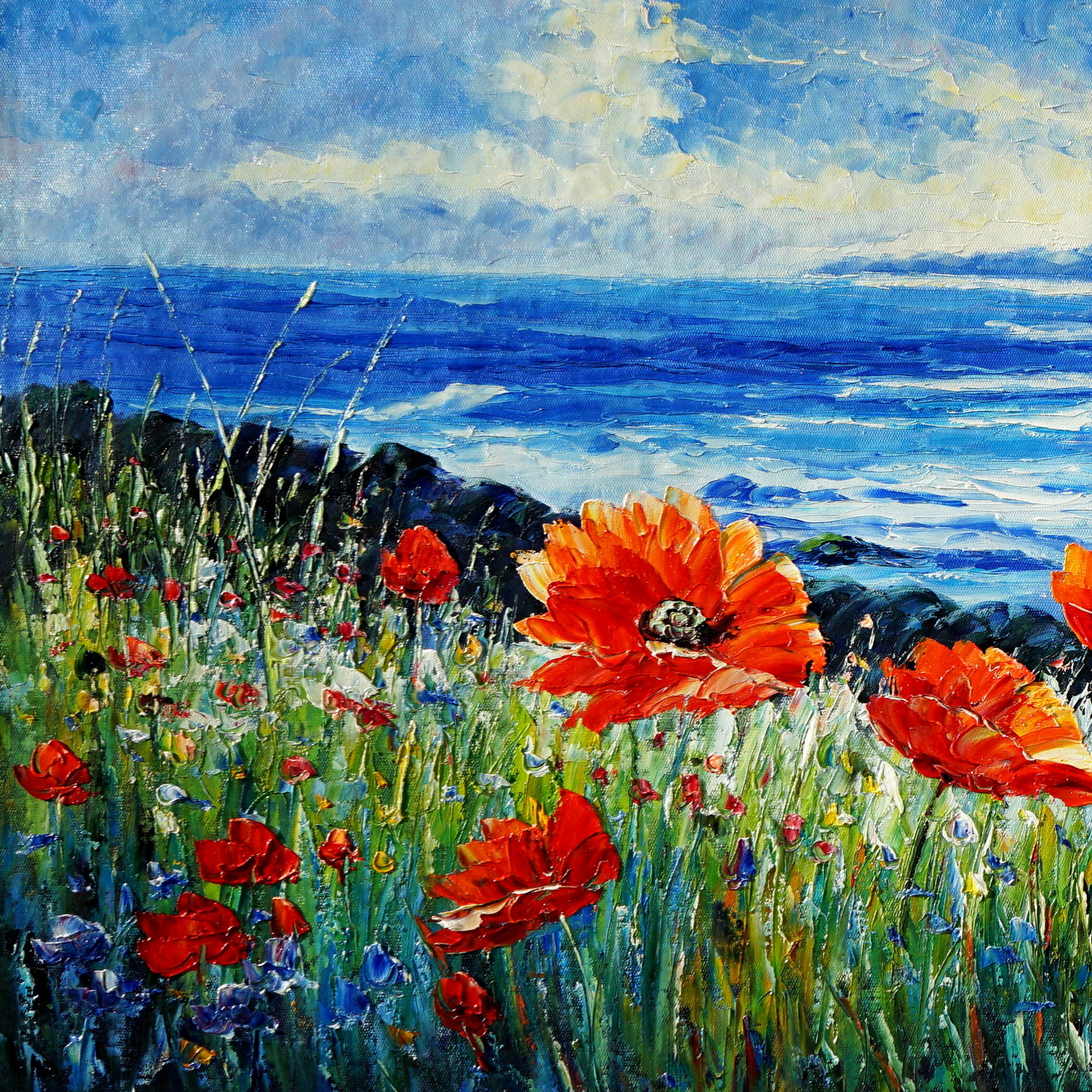 Dipinto Campo di papaveri sull costa 60x150cm