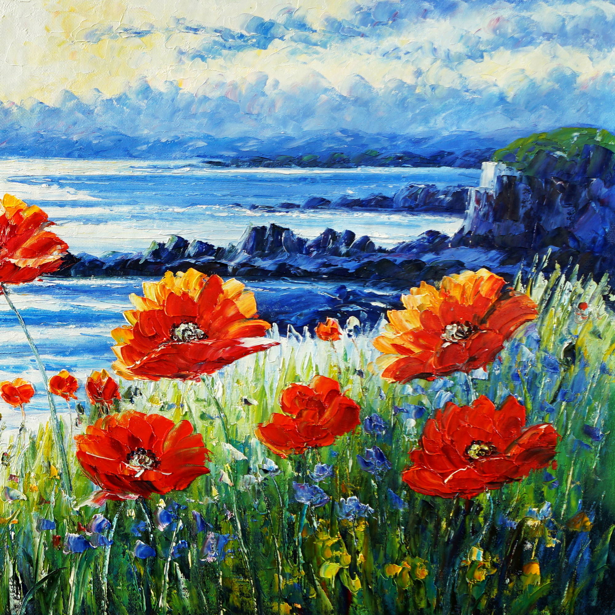 Dipinto Campo di papaveri sull costa 60x150cm