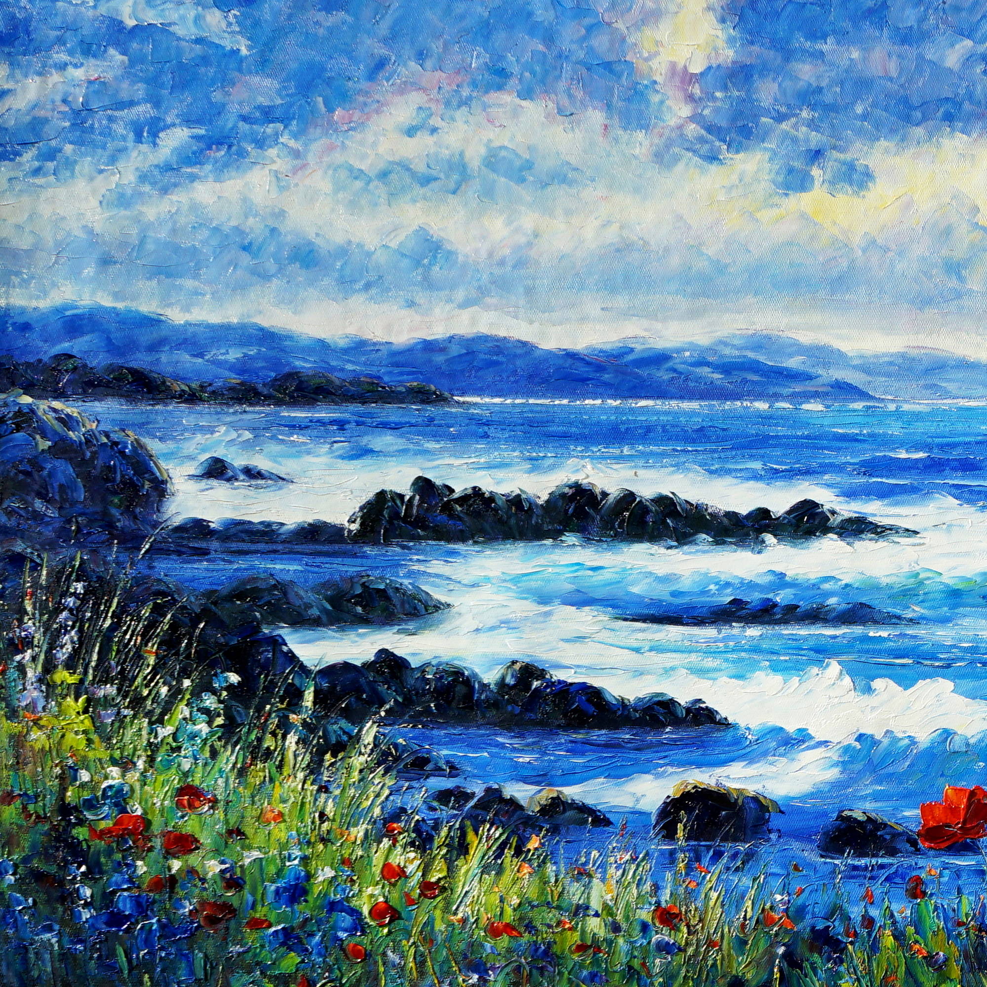 Dipinto Papaveri su costiera con mare agitato 60x150cm