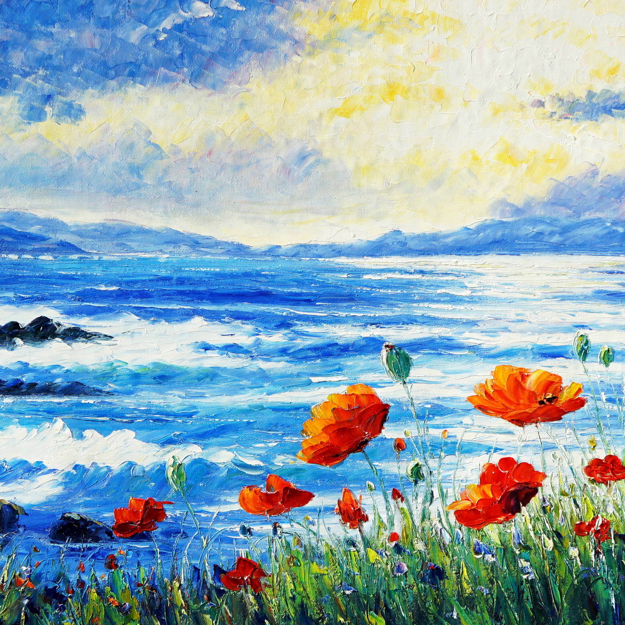 Dipinto Papaveri su costiera con mare agitato 60x150cm