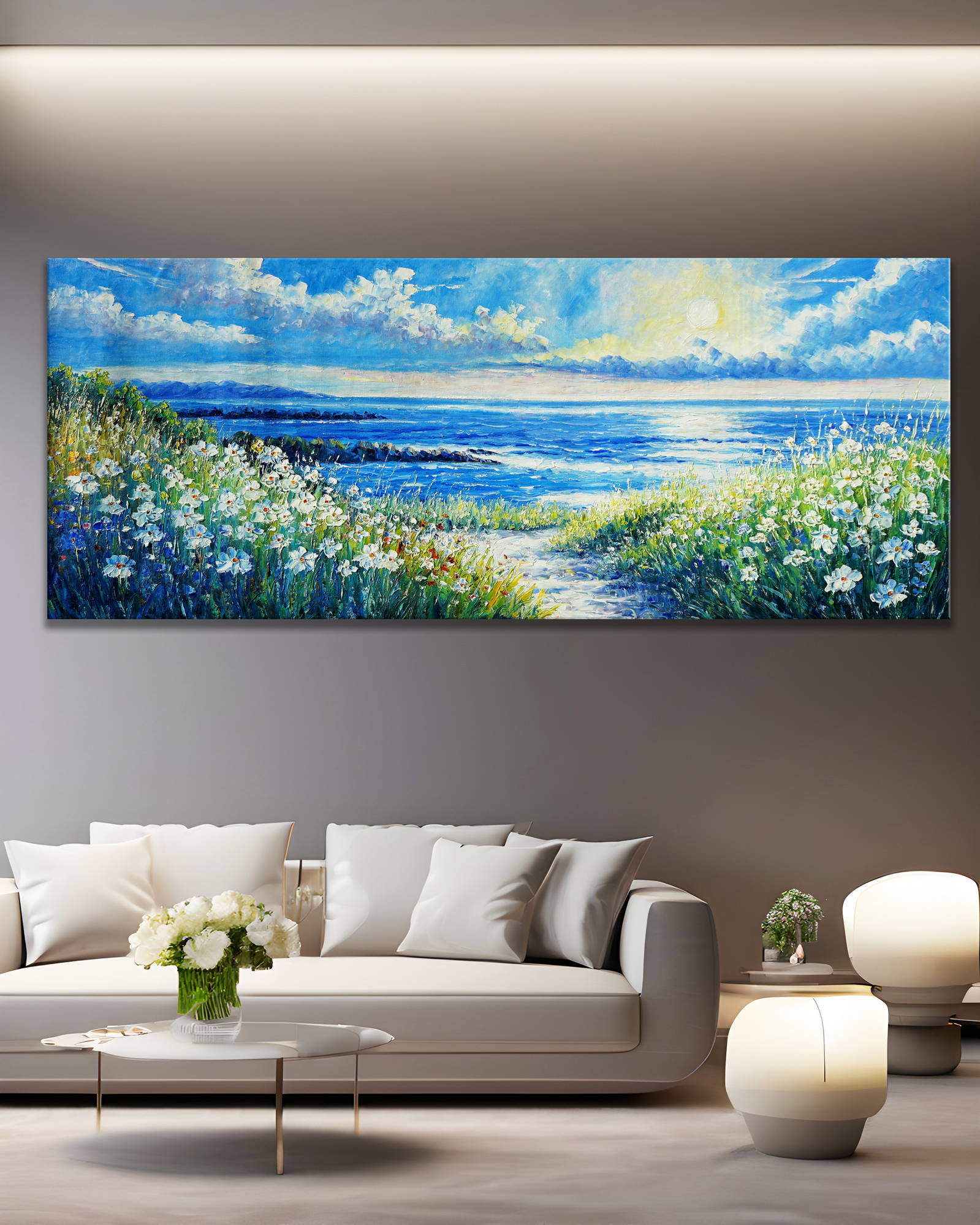 Dipinto Fiori selvatici vicino al mare 60x150cm