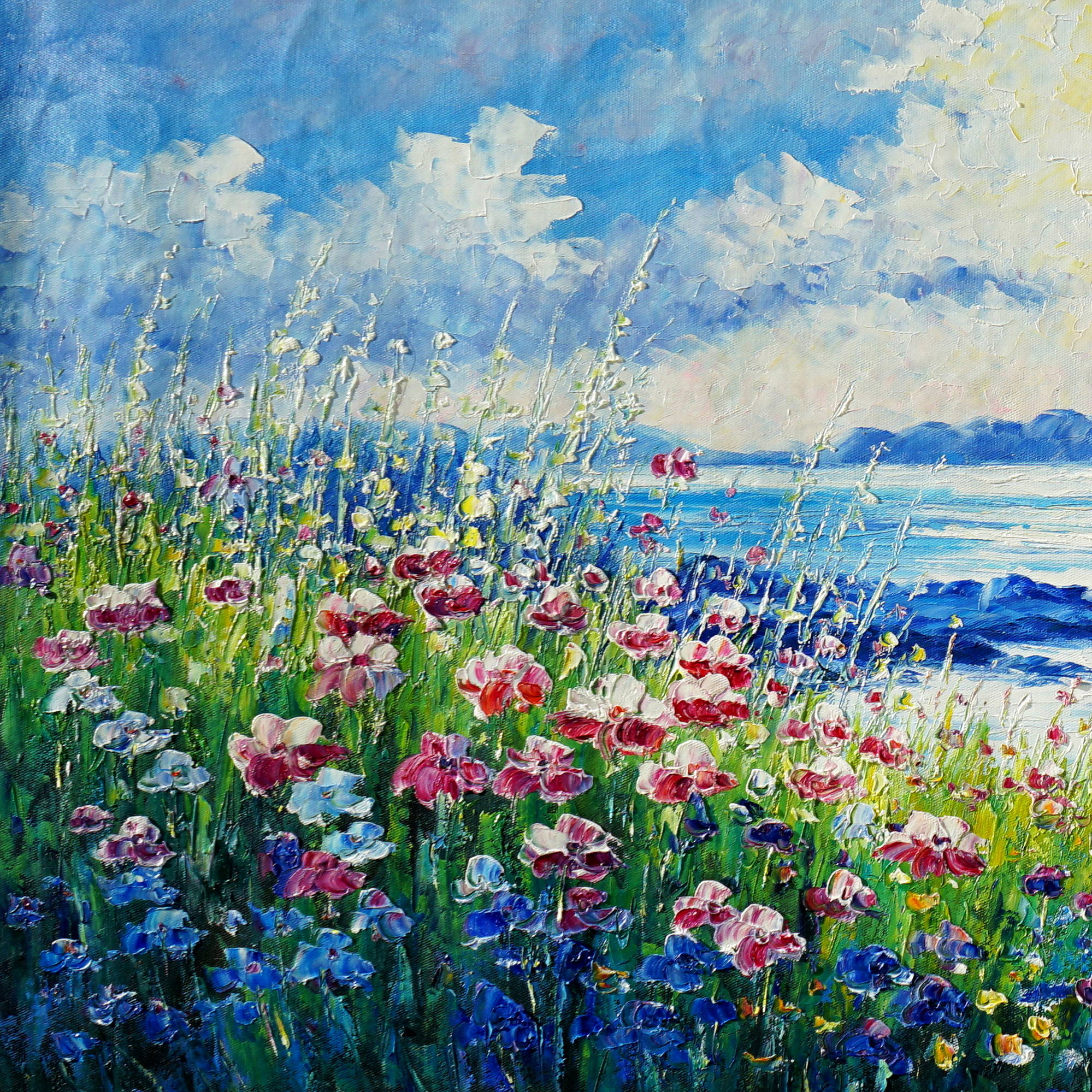 Dipinto Campi fioriti sulla costa 60x150cm