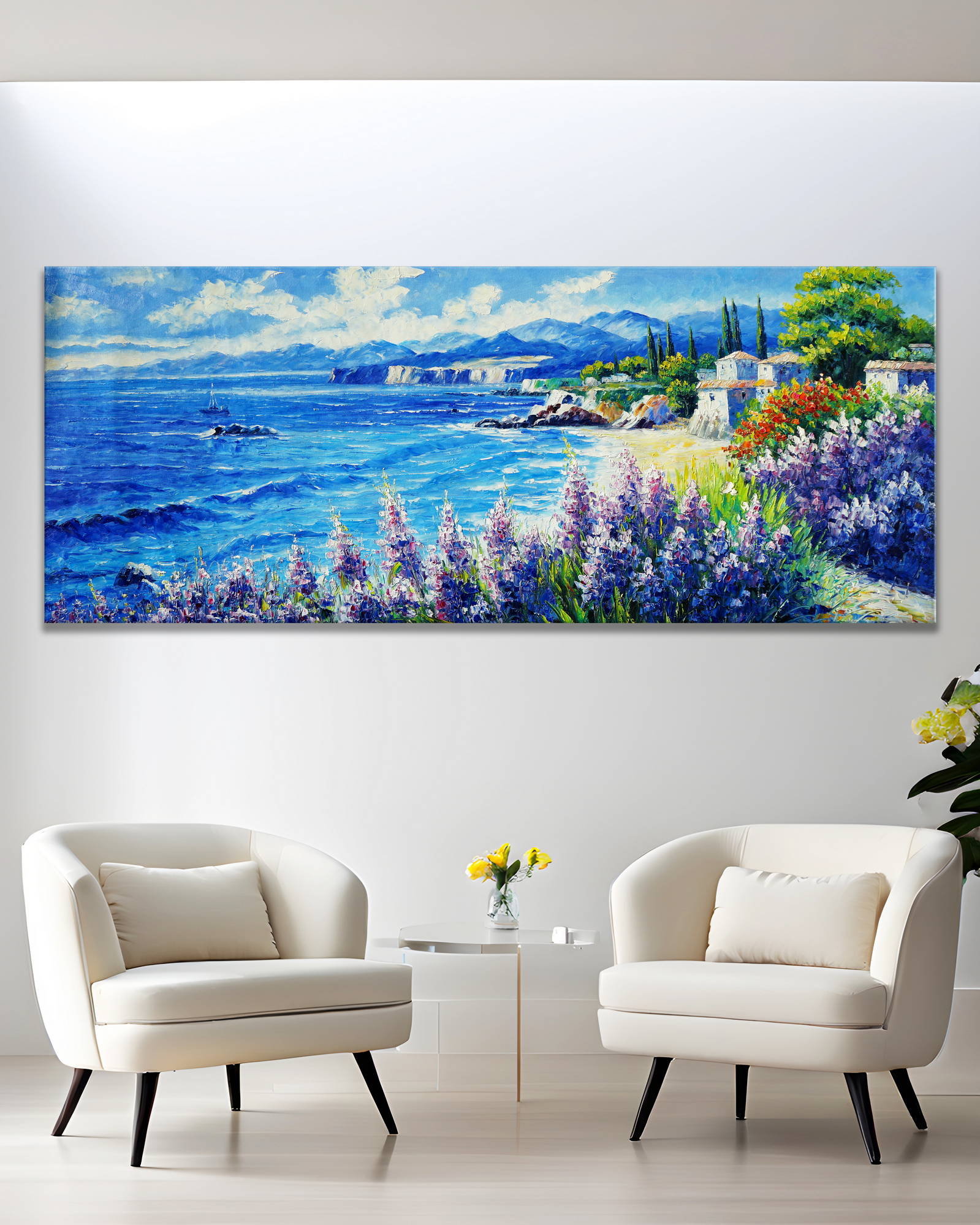 Dipinto Cespugli in fiore vicino alla spiaggia 60x150cm