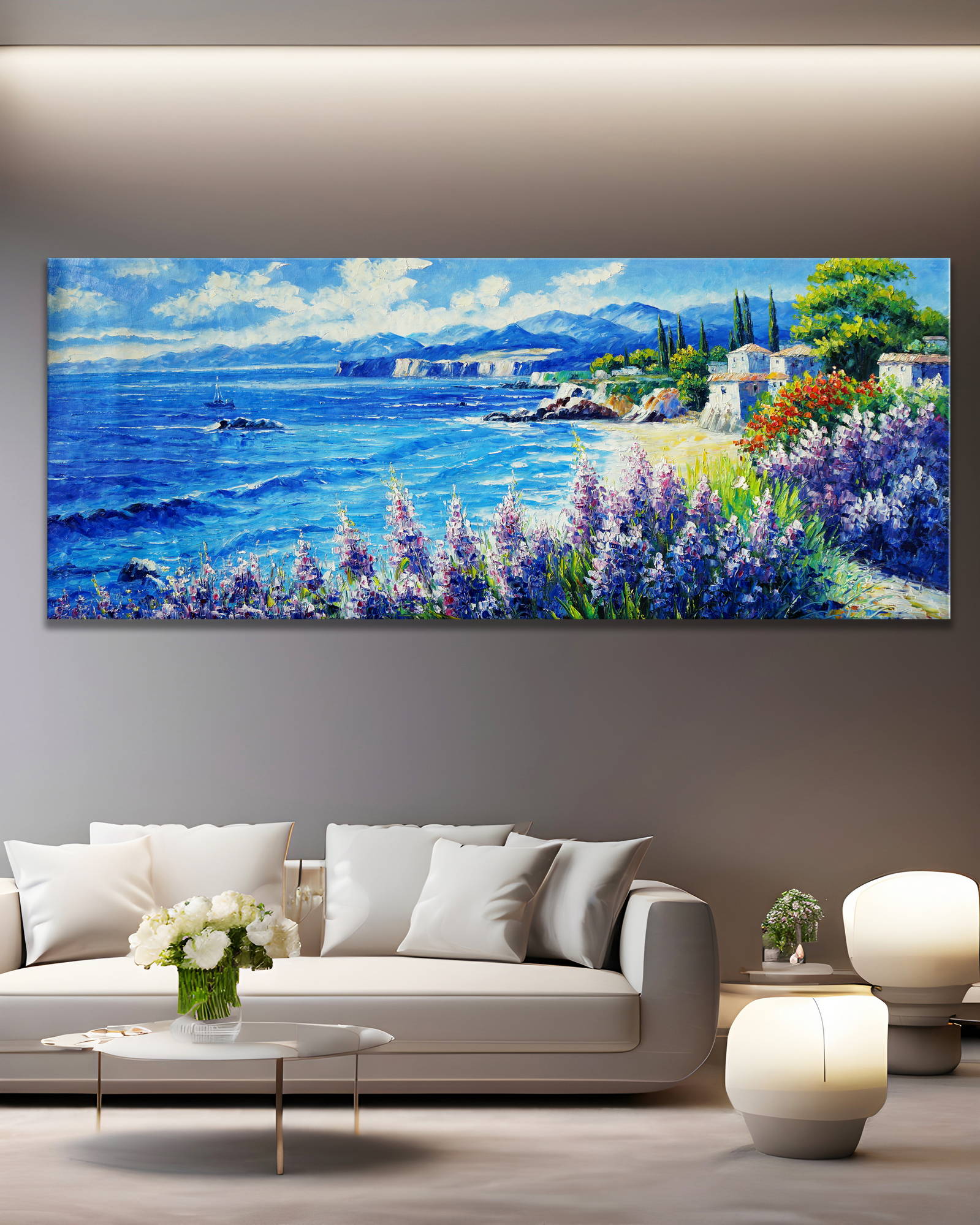 Dipinto Cespugli in fiore vicino alla spiaggia 60x150cm