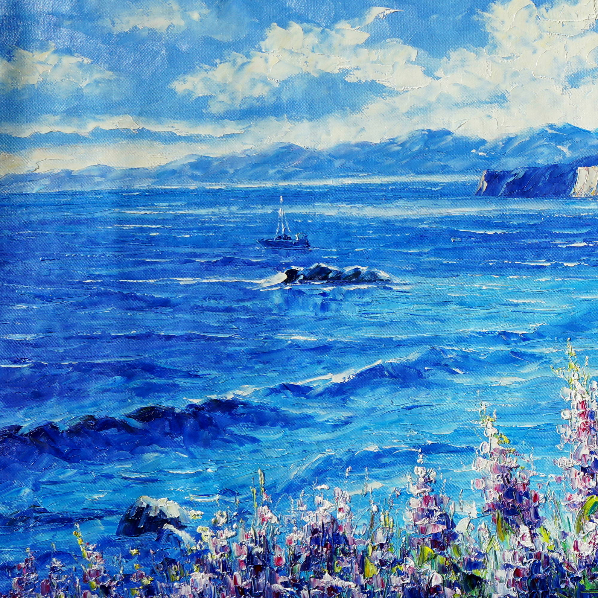 Dipinto Cespugli in fiore vicino alla spiaggia 60x150cm