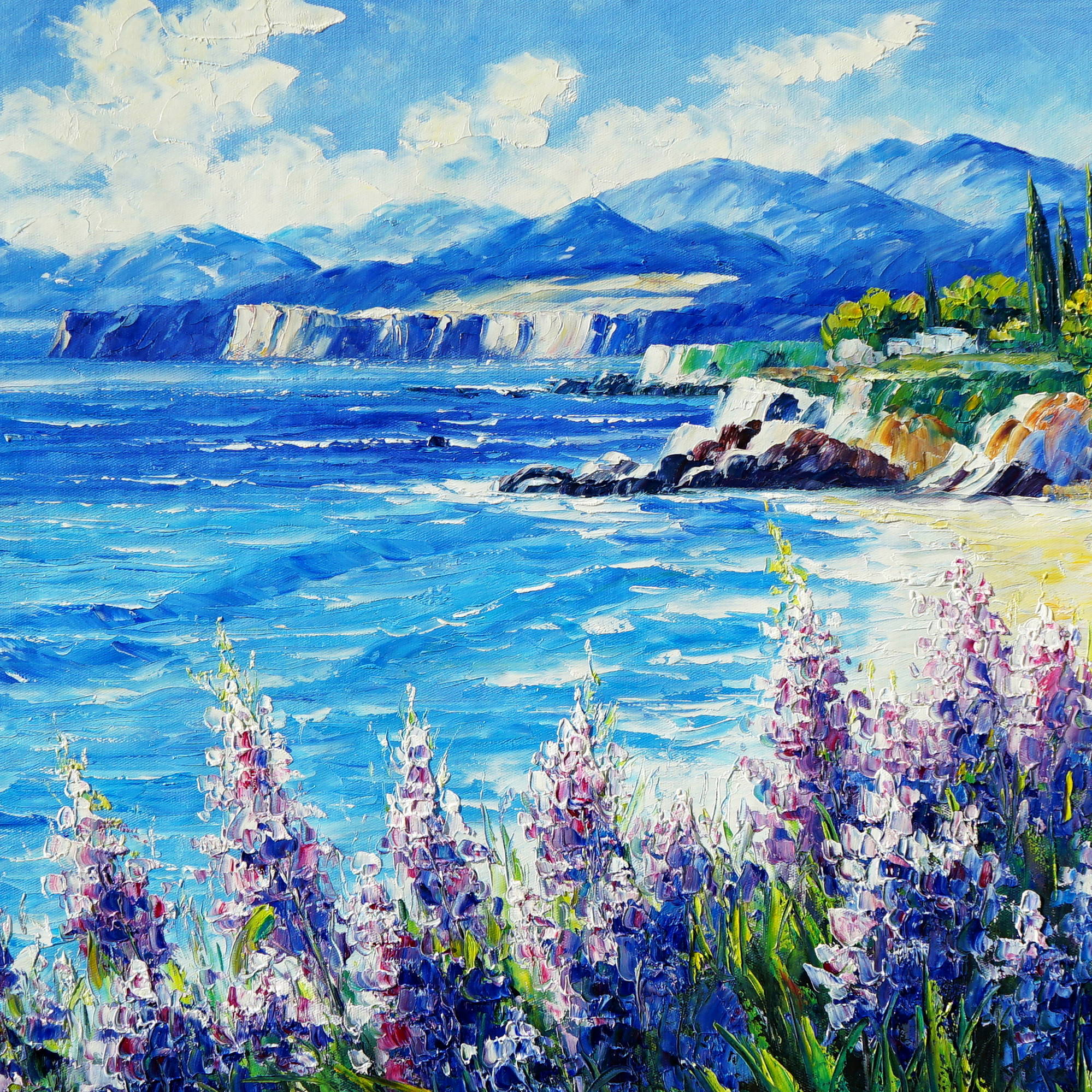 Dipinto Cespugli in fiore vicino alla spiaggia 60x150cm