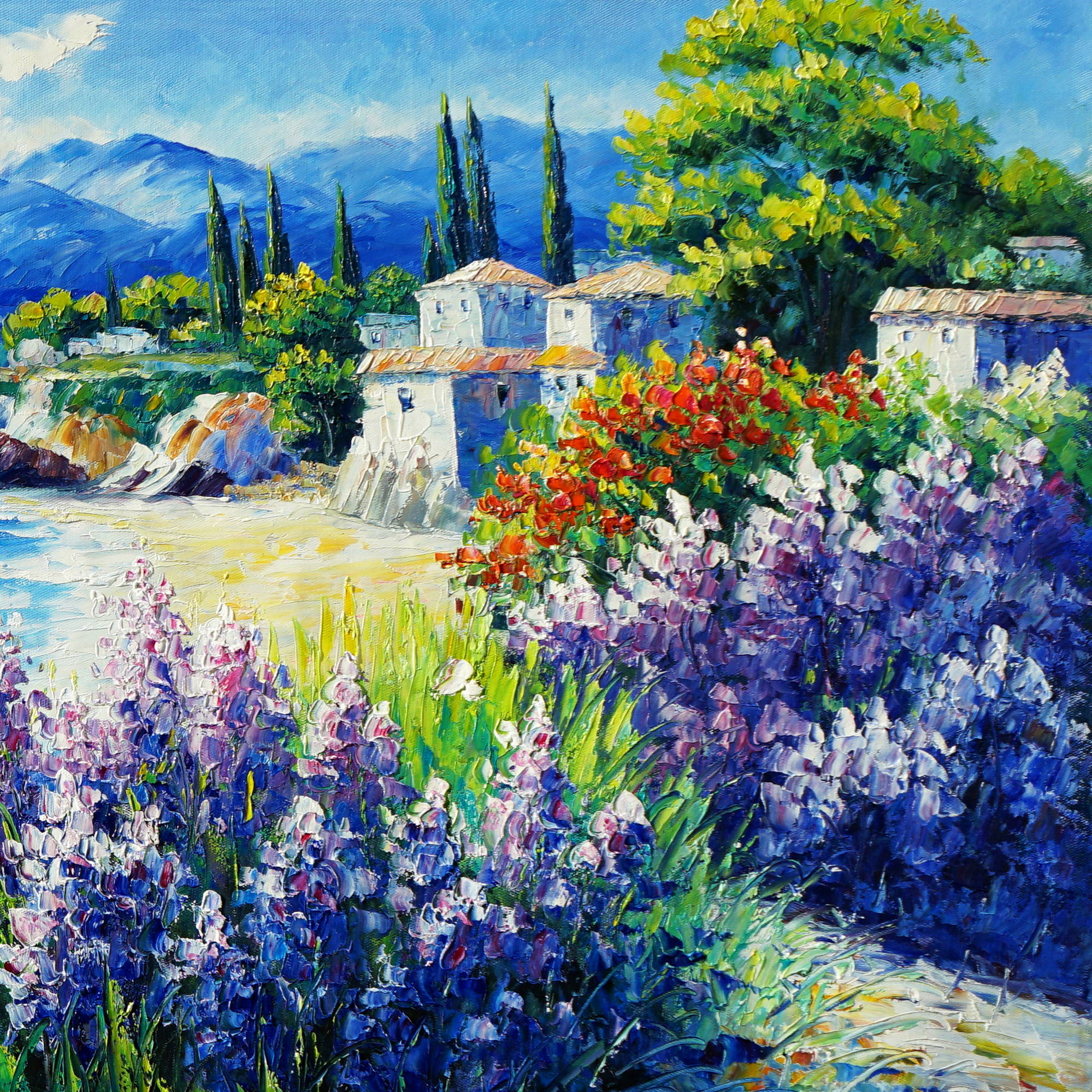 Dipinto Cespugli in fiore vicino alla spiaggia 60x150cm