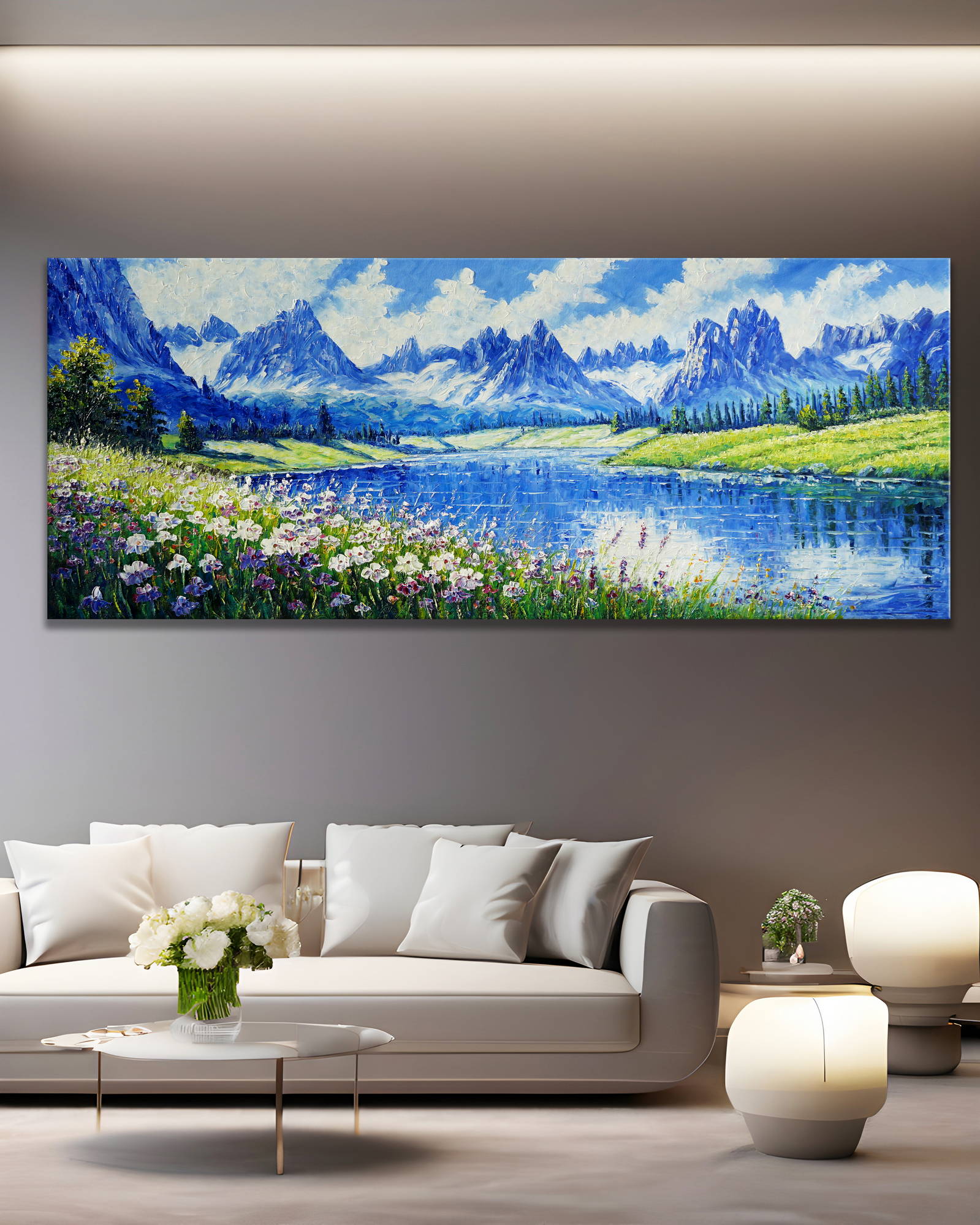 Dipinto Torrente di montagna e campi in fiore 60x150cm