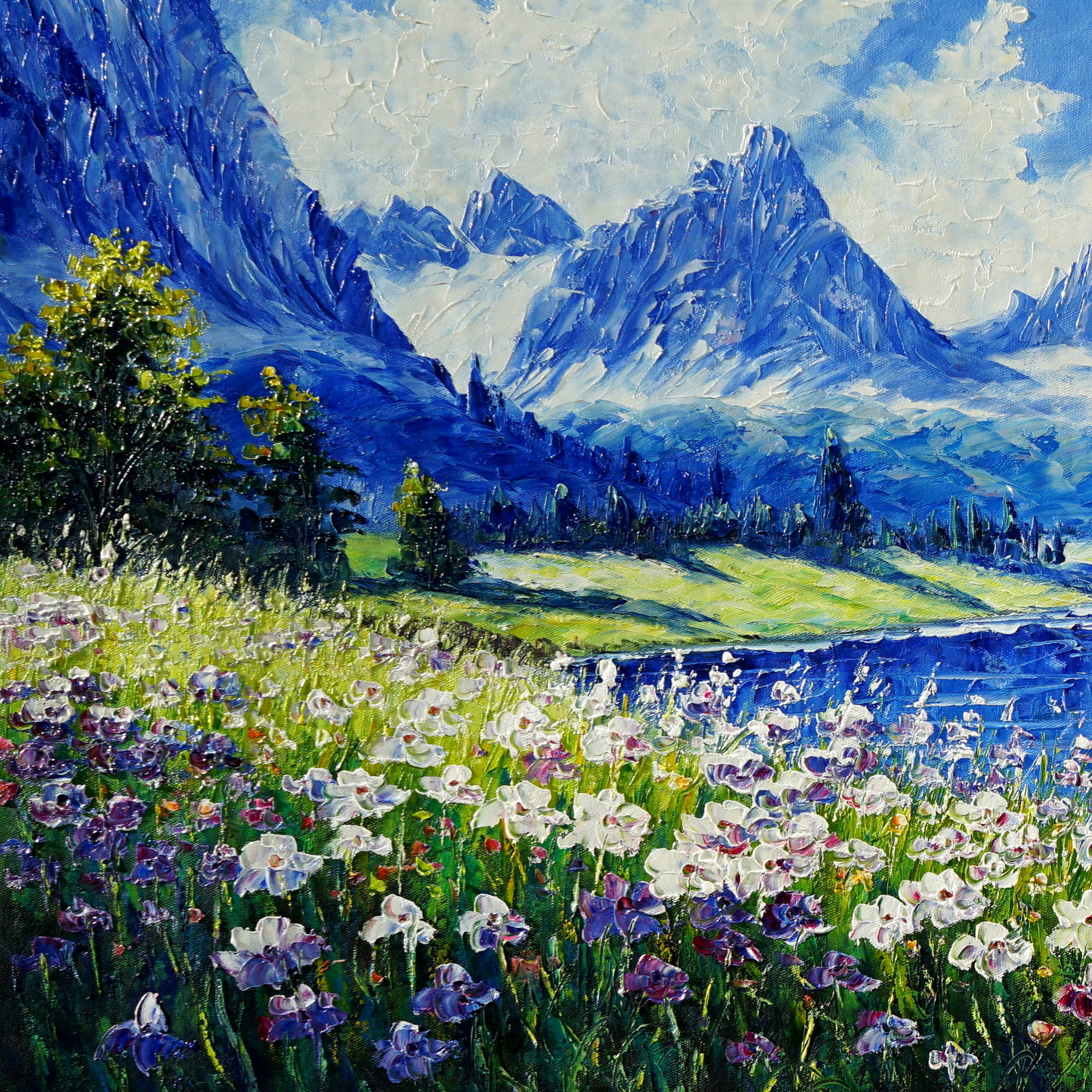 Dipinto Torrente di montagna e campi in fiore 60x150cm