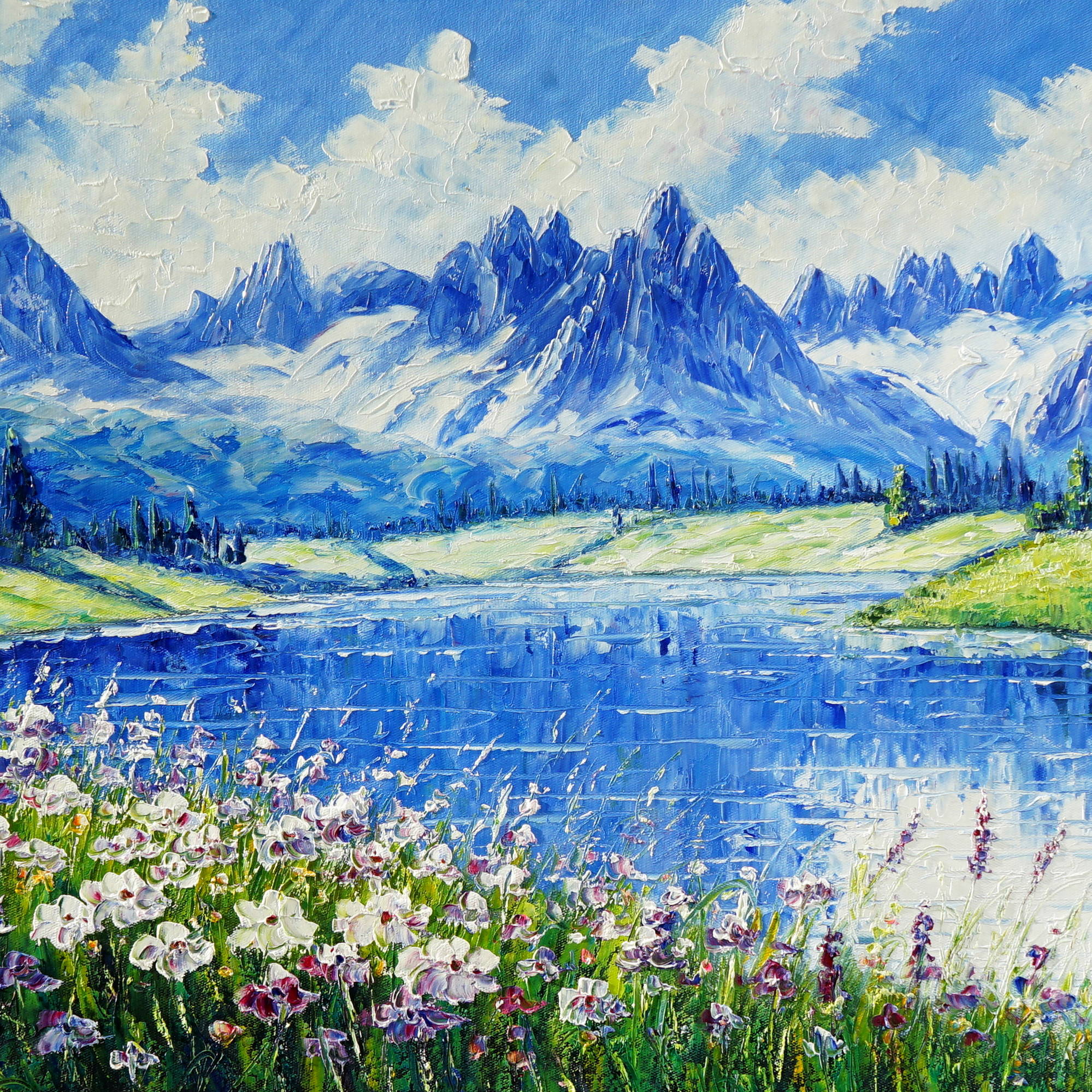 Dipinto Torrente di montagna e campi in fiore 60x150cm