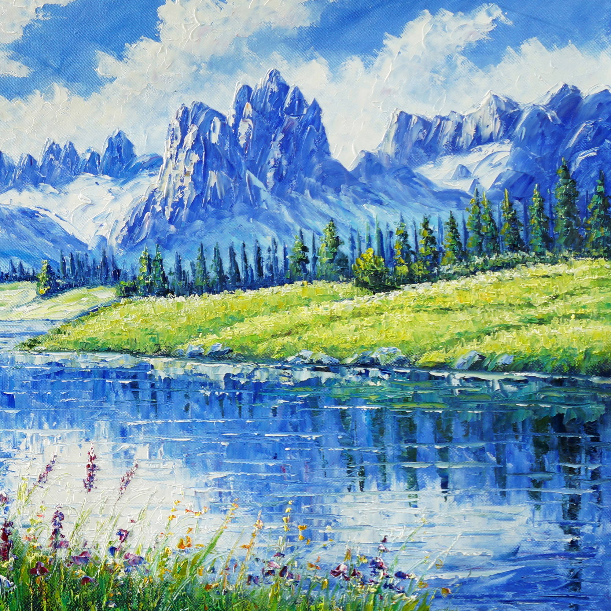 Dipinto Torrente di montagna e campi in fiore 60x150cm