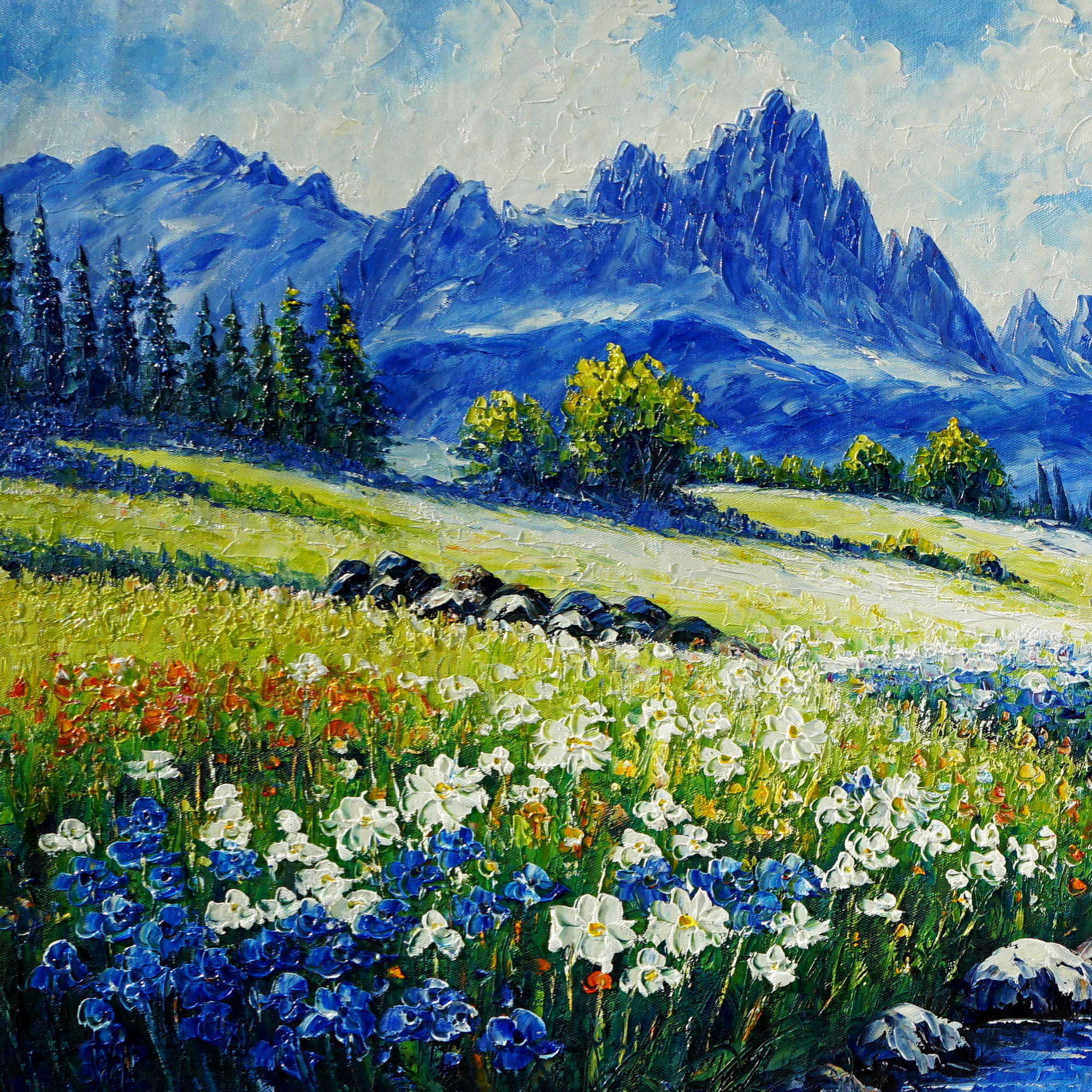 Dipinto Ruscello con campi fioriti sulle Dolomiti 60x150cm