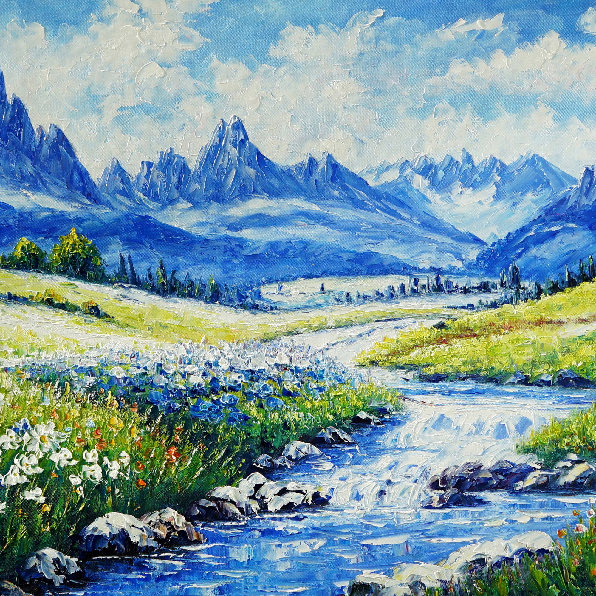 Dipinto Ruscello con campi fioriti sulle Dolomiti 60x150cm