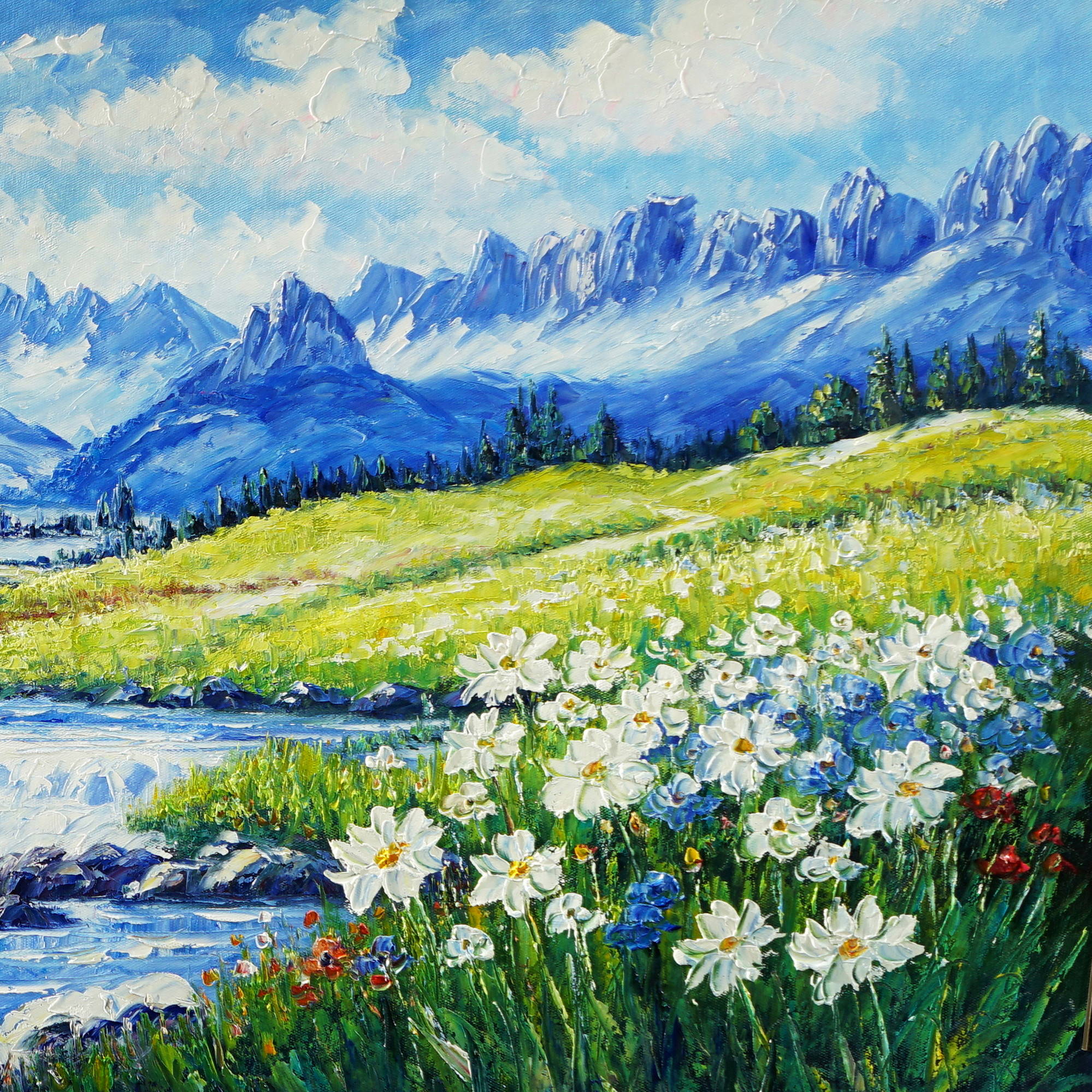 Dipinto Ruscello con campi fioriti sulle Dolomiti 60x150cm