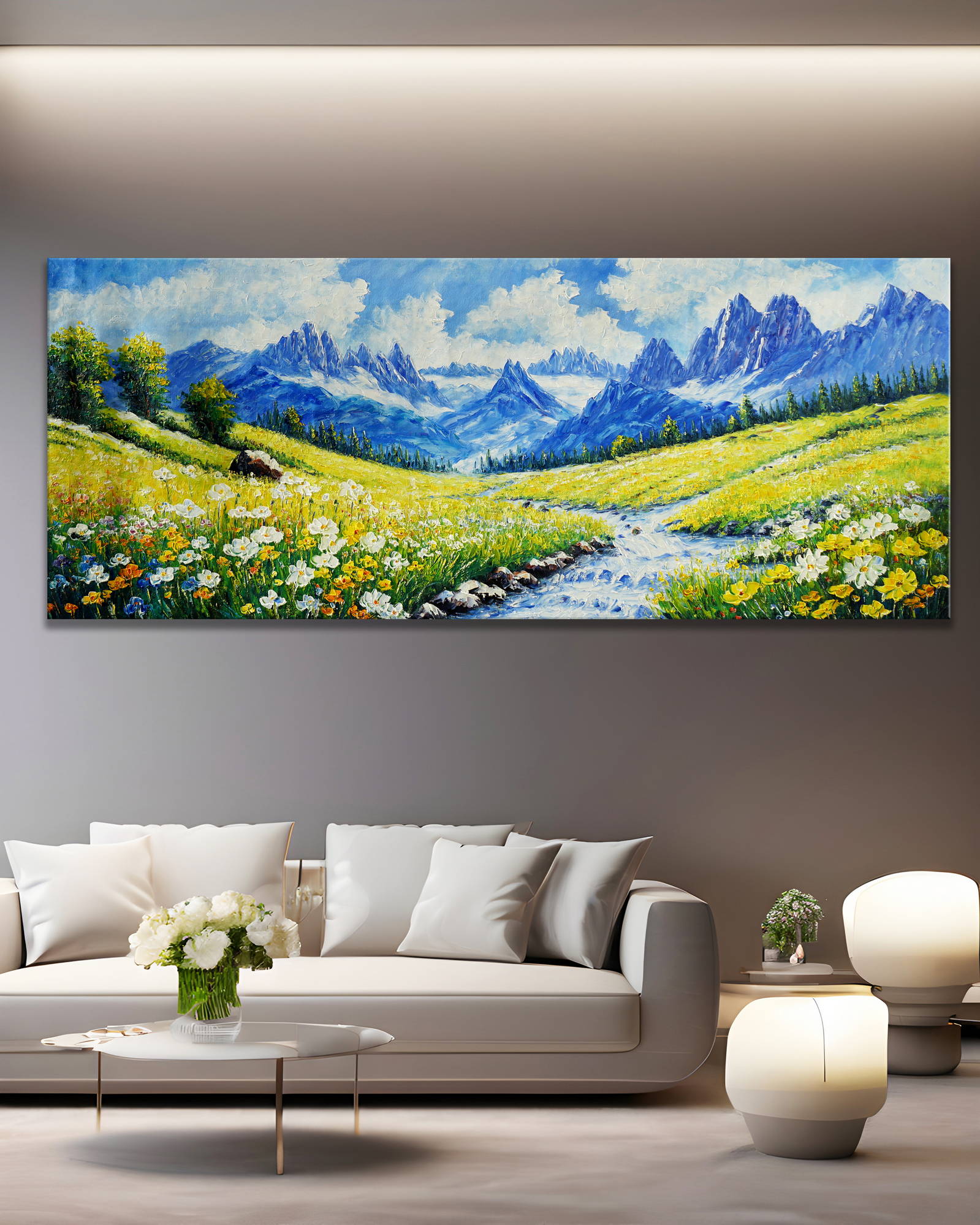 Dipinto Ruscello con campi fioriti sulle Dolomiti 60x150cm