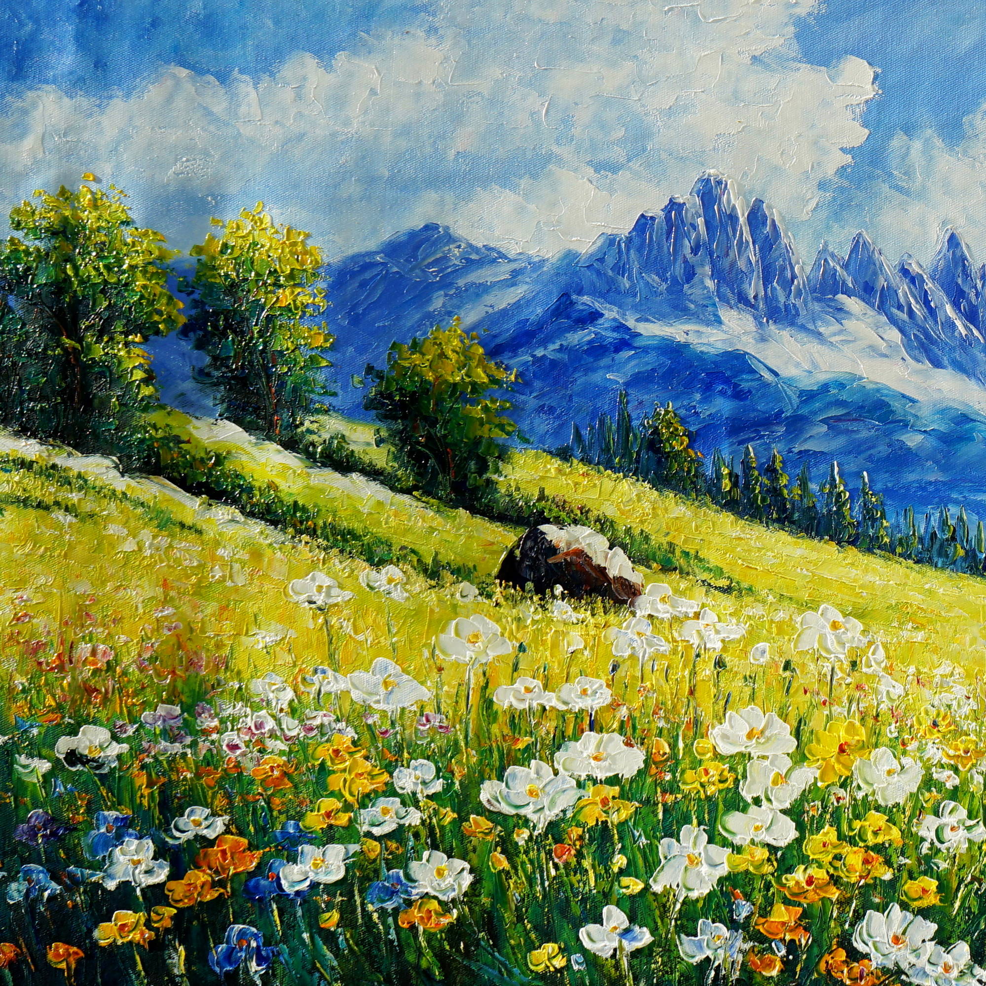 Dipinto Ruscello con campi fioriti sulle Dolomiti 60x150cm