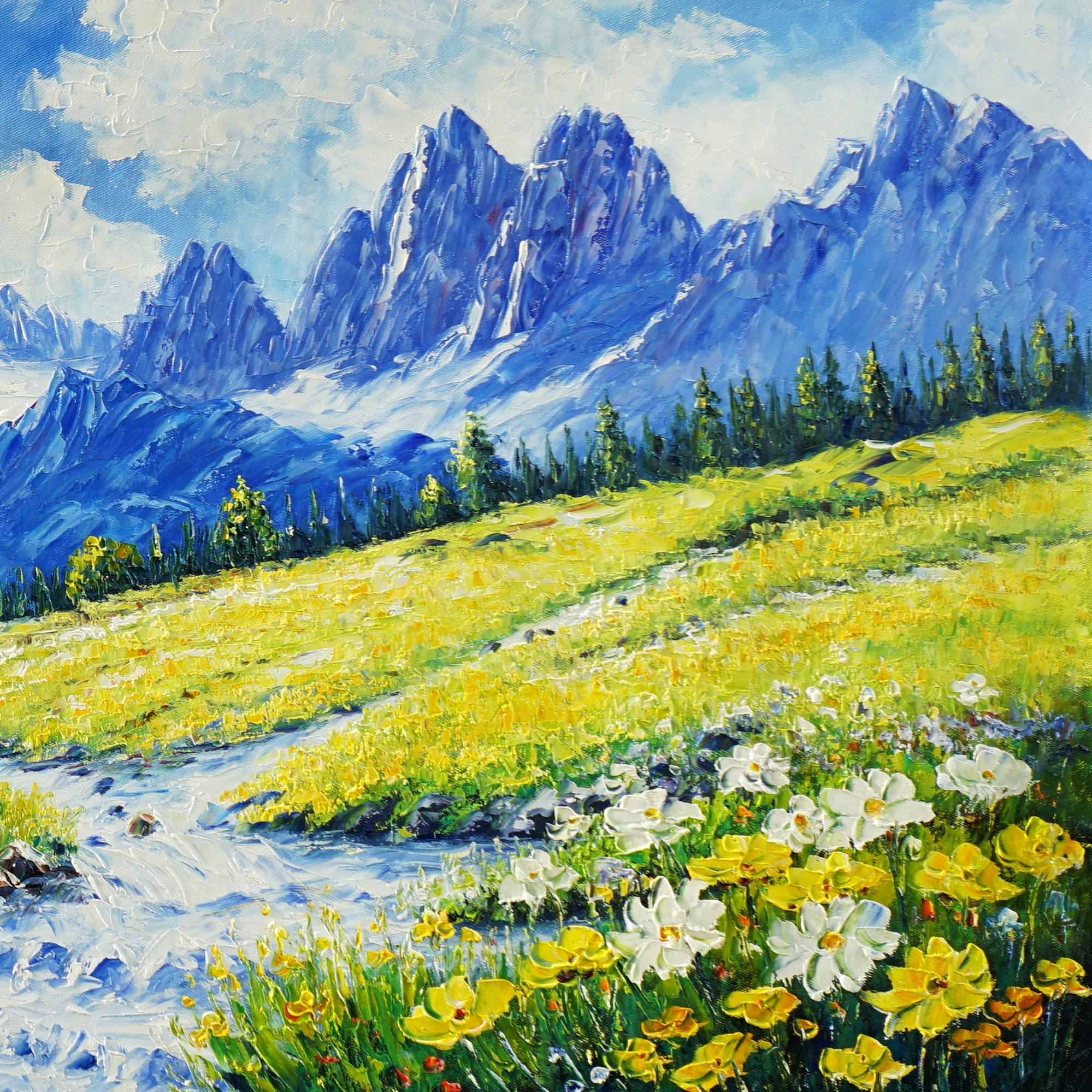 Dipinto Ruscello con campi fioriti sulle Dolomiti 60x150cm